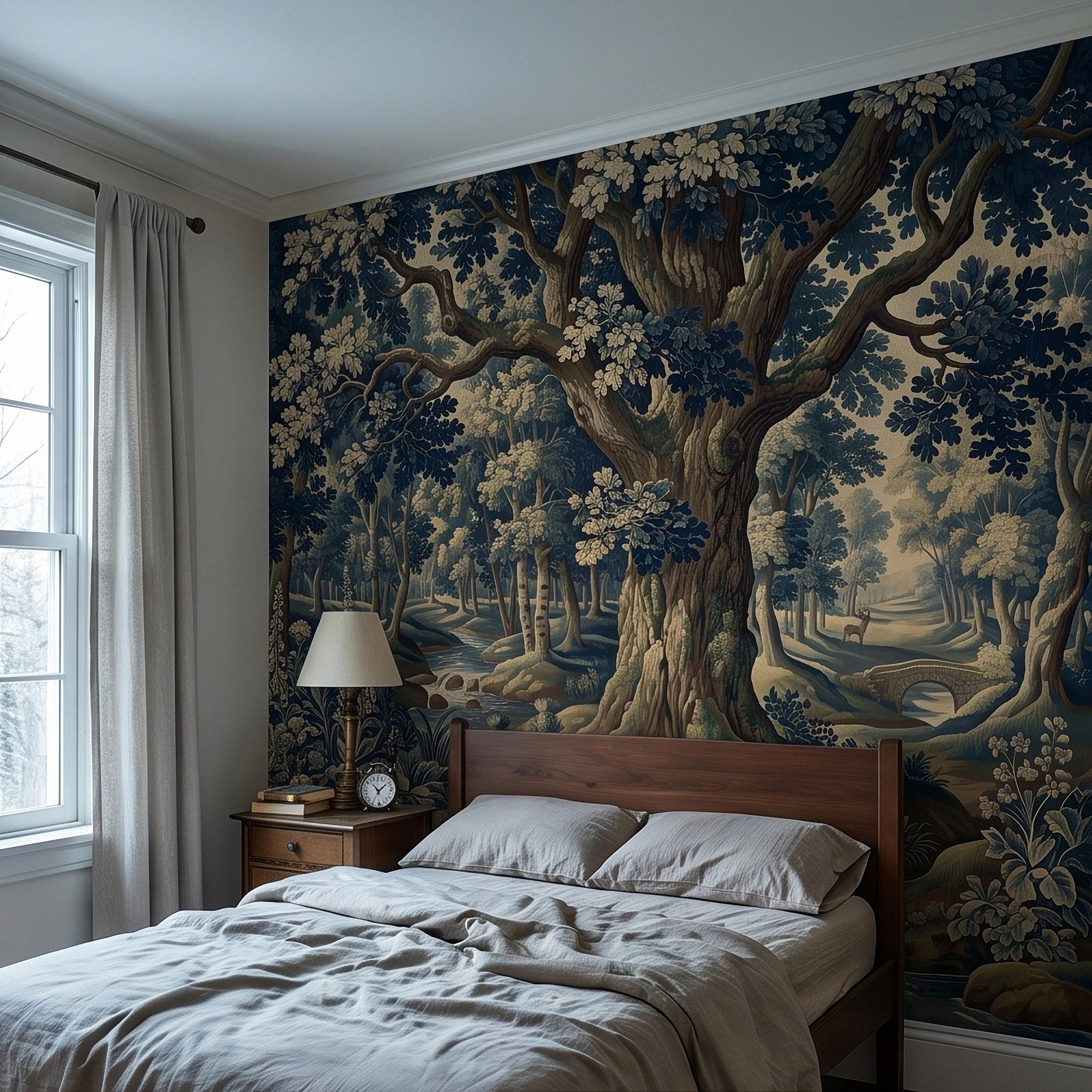 Navy Blue Verdure Peel and Stick Wall Mural, Vintage Woodland Toile Oak Tree River Landscape with Deer and Bridge, Classic Scenic Wallpaper