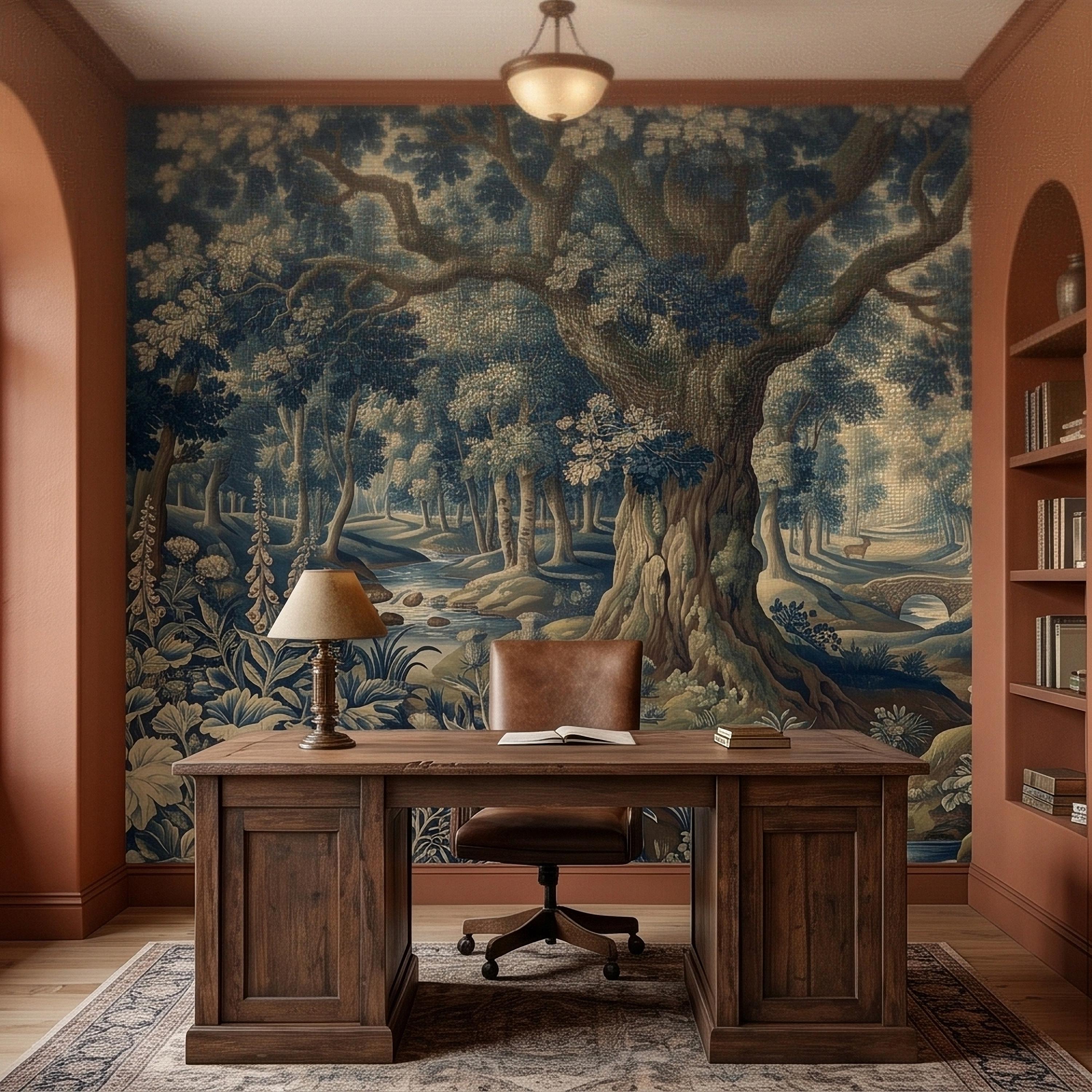 Navy Blue Verdure Peel and Stick Wall Mural, Vintage Woodland Toile Oak Tree River Landscape with Deer and Bridge, Classic Scenic Wallpaper