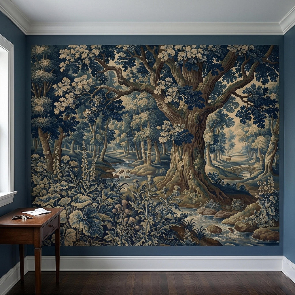 Navy Blue Verdure Peel and Stick Wall Mural, Vintage Woodland Toile Oak Tree River Landscape with Deer and Bridge, Classic Scenic Wallpaper