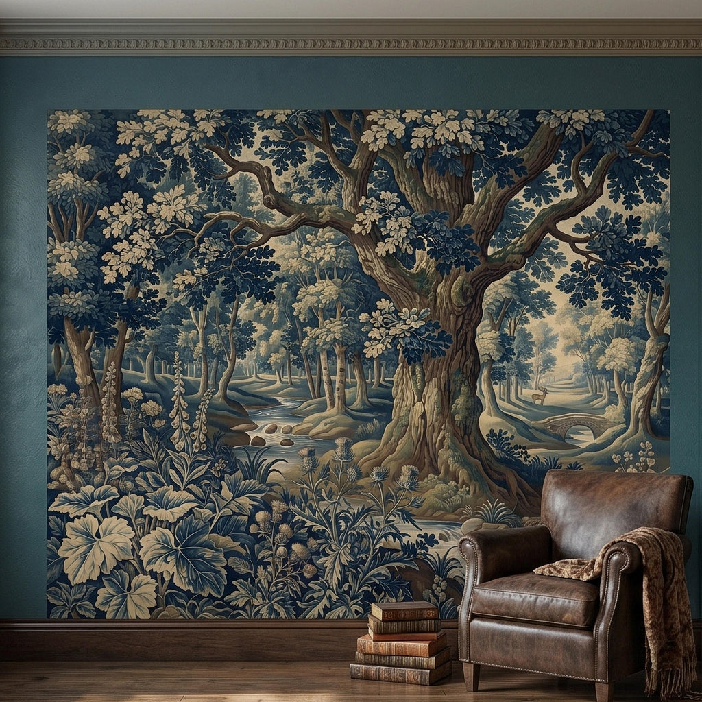Navy Blue Verdure Peel and Stick Wall Mural, Vintage Woodland Toile Oak Tree River Landscape with Deer and Bridge, Classic Scenic Wallpaper