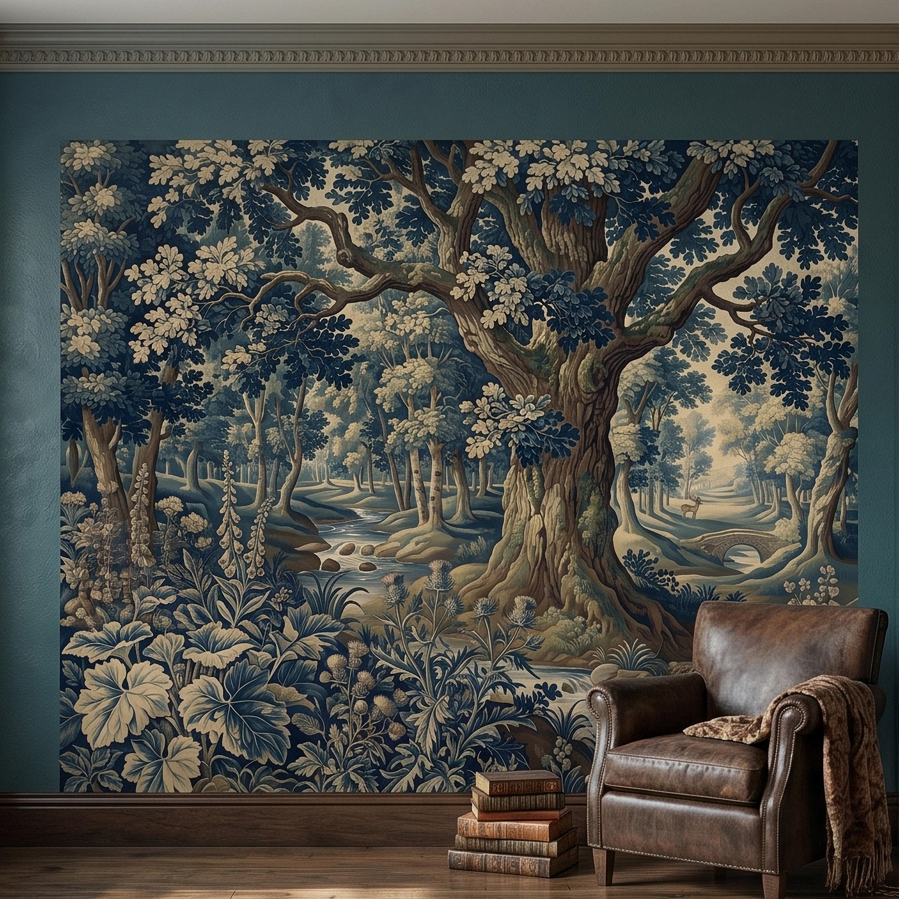 Navy Blue Verdure Peel and Stick Wall Mural, Vintage Woodland Toile Oak Tree River Landscape with Deer and Bridge, Classic Scenic Wallpaper