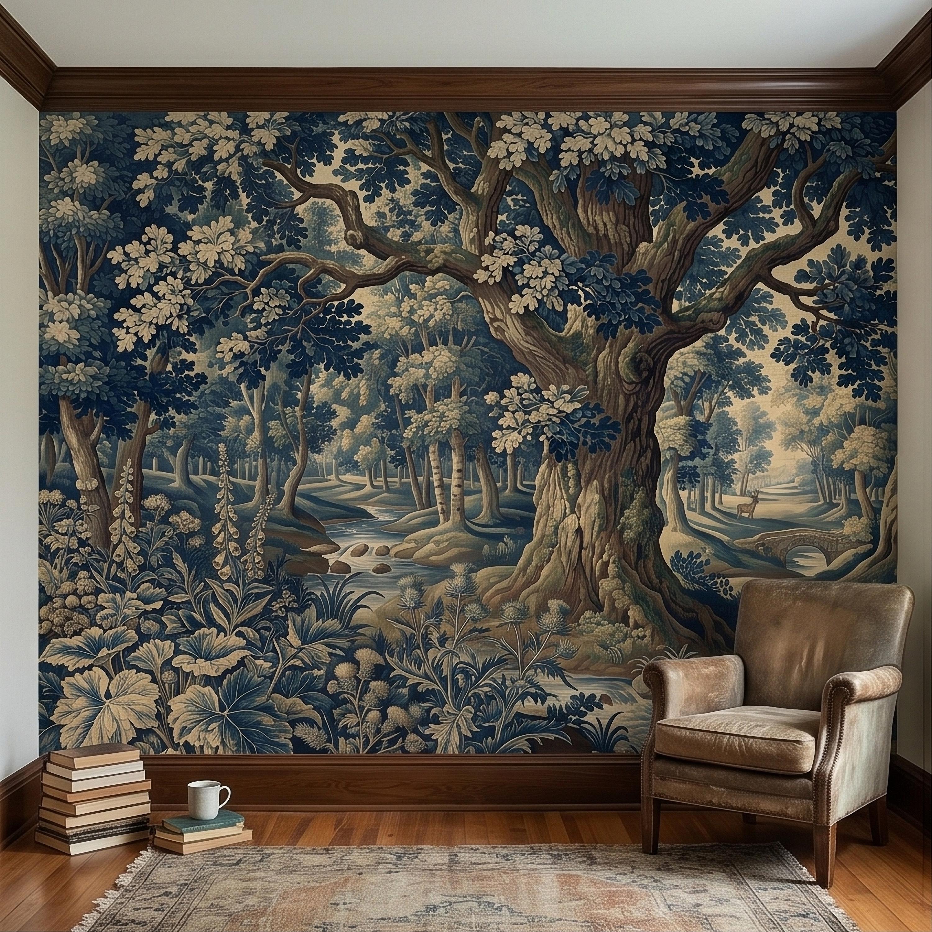 Navy Blue Verdure Peel and Stick Wall Mural, Vintage Woodland Toile Oak Tree River Landscape with Deer and Bridge, Classic Scenic Wallpaper