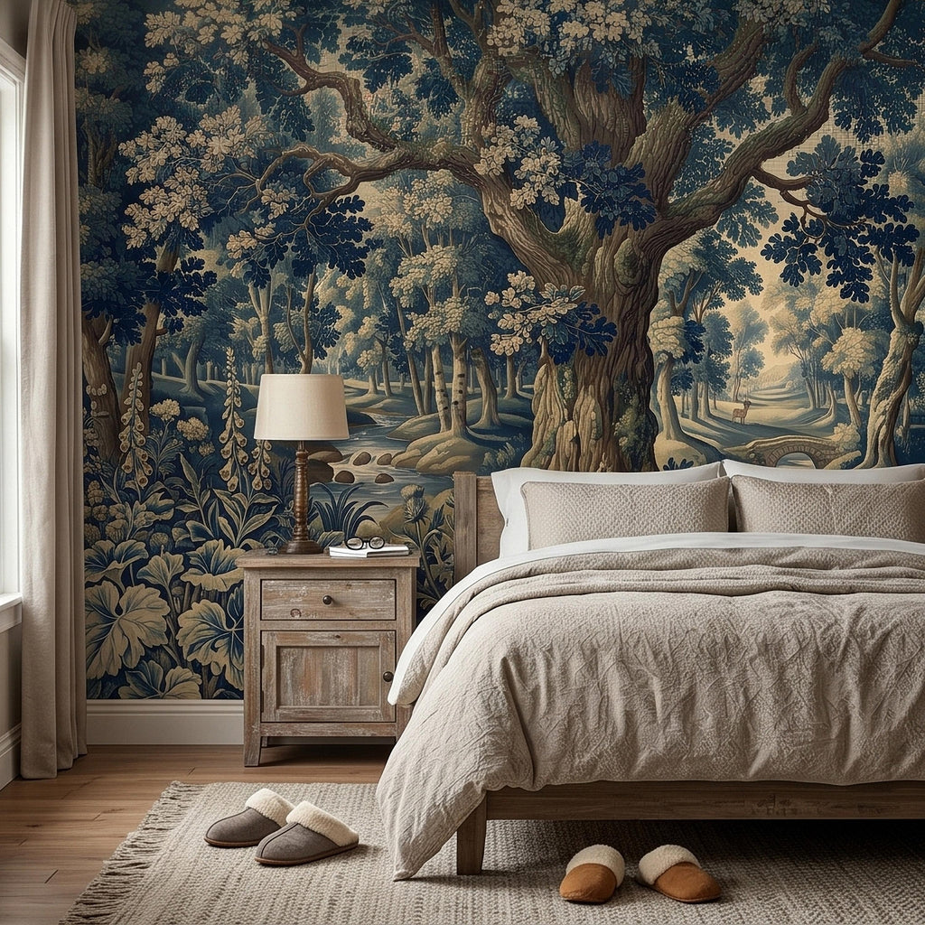 Navy Blue Verdure Peel and Stick Wall Mural, Vintage Woodland Toile Oak Tree River Landscape with Deer and Bridge, Classic Scenic Wallpaper