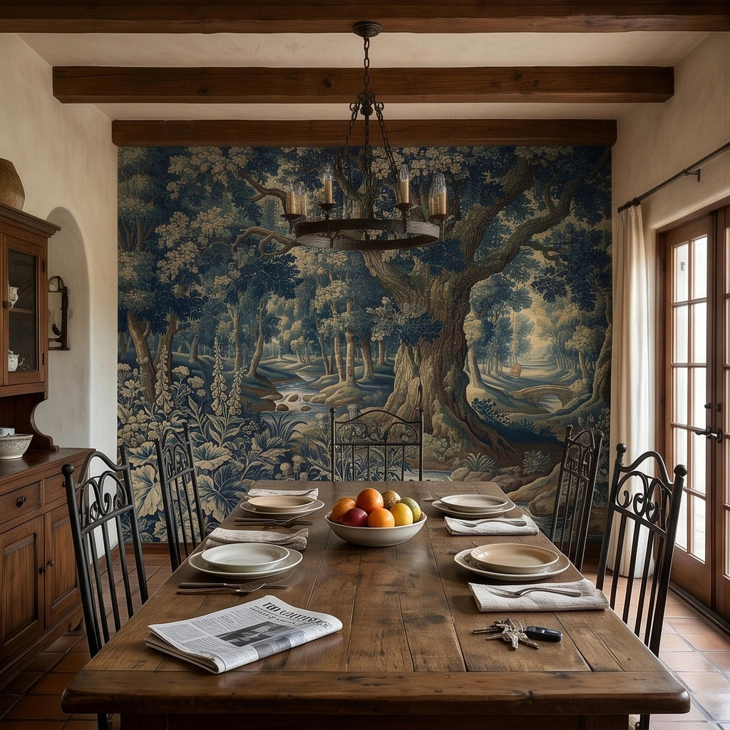 Navy Blue Verdure Peel and Stick Wall Mural, Vintage Woodland Toile Oak Tree River Landscape with Deer and Bridge, Classic Scenic Wallpaper