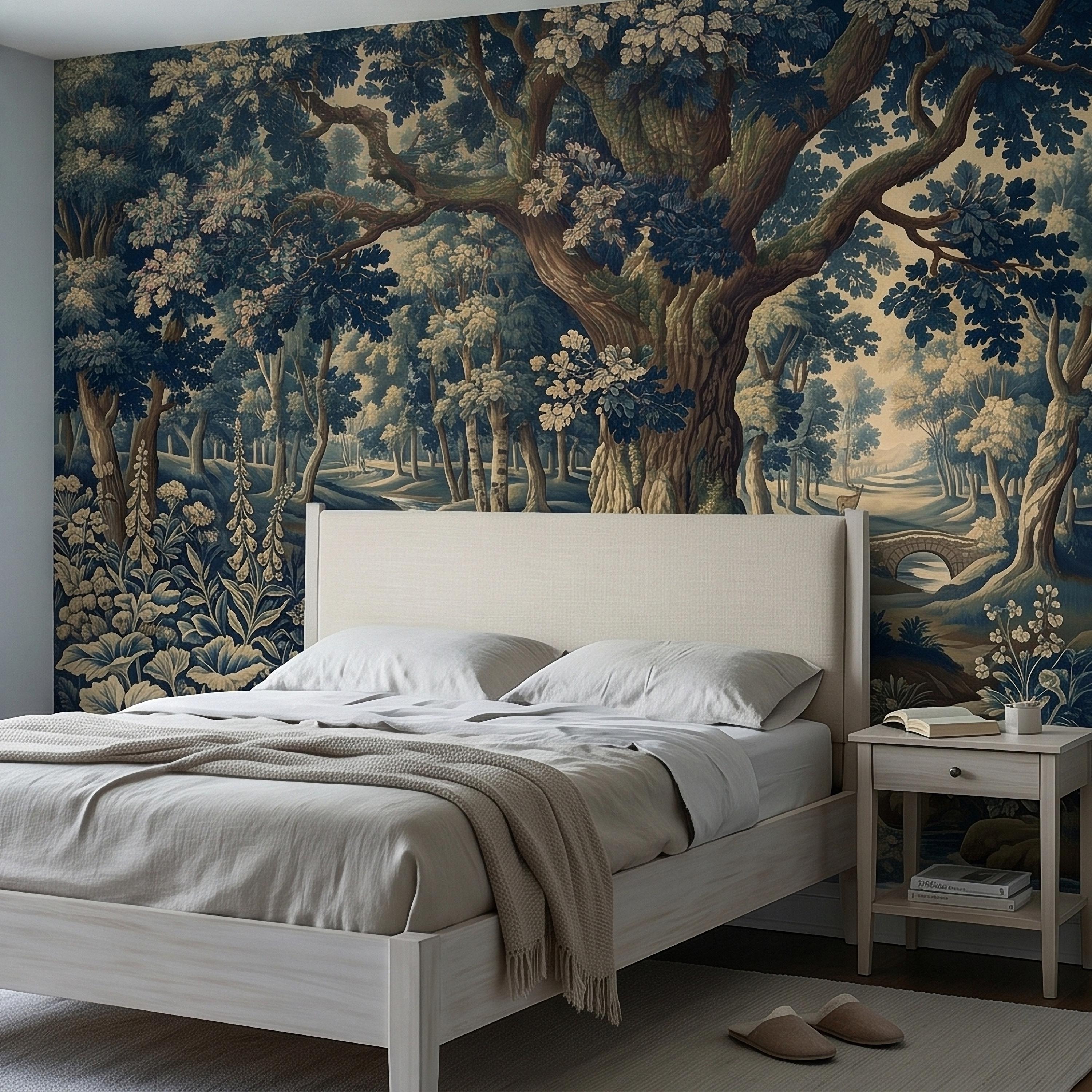 Navy Blue Verdure Peel and Stick Wall Mural, Vintage Woodland Toile Oak Tree River Landscape with Deer and Bridge, Classic Scenic Wallpaper