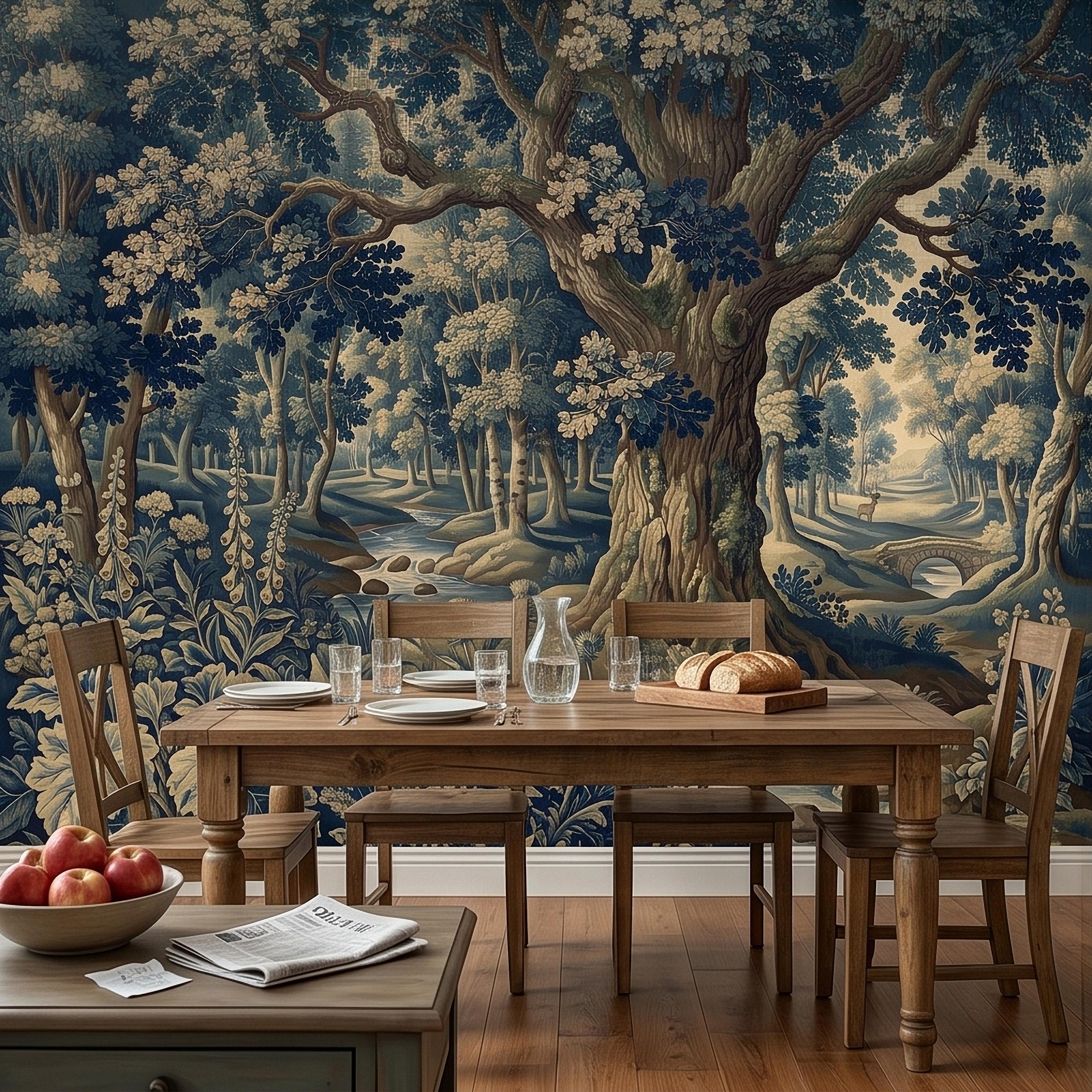 Navy Blue Verdure Peel and Stick Wall Mural, Vintage Woodland Toile Oak Tree River Landscape with Deer and Bridge, Classic Scenic Wallpaper