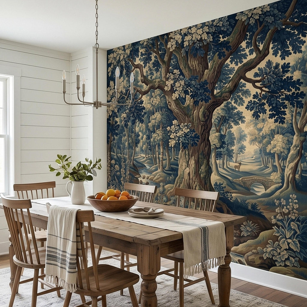 Navy Blue Verdure Peel and Stick Wall Mural, Vintage Woodland Toile Oak Tree River Landscape with Deer and Bridge, Classic Scenic Wallpaper