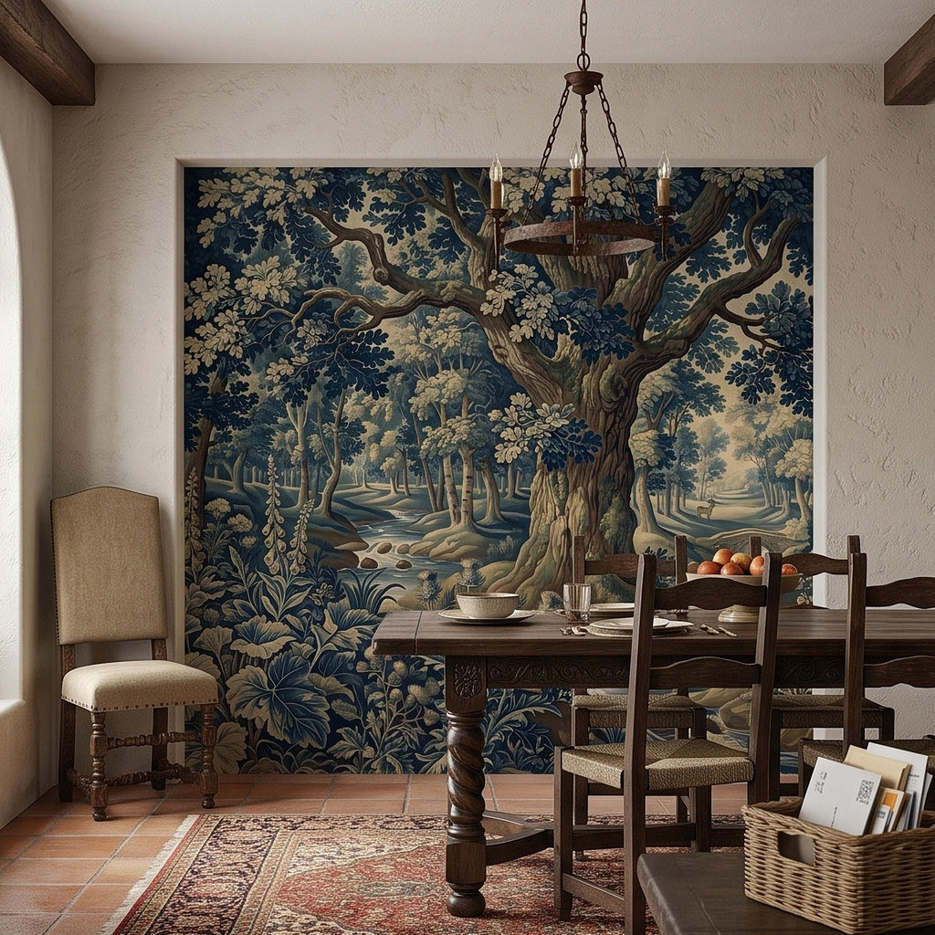 Navy Blue Verdure Peel and Stick Wall Mural, Vintage Woodland Toile Oak Tree River Landscape with Deer and Bridge, Classic Scenic Wallpaper