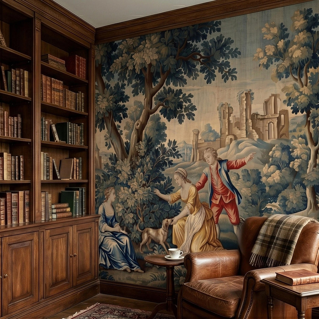 Pastoral Toile de Jouy Peel and Stick Wall Mural, Vintage French Country Blue Verdure Scenic with Castle Ruins, Lovers and Dog Wallpaper