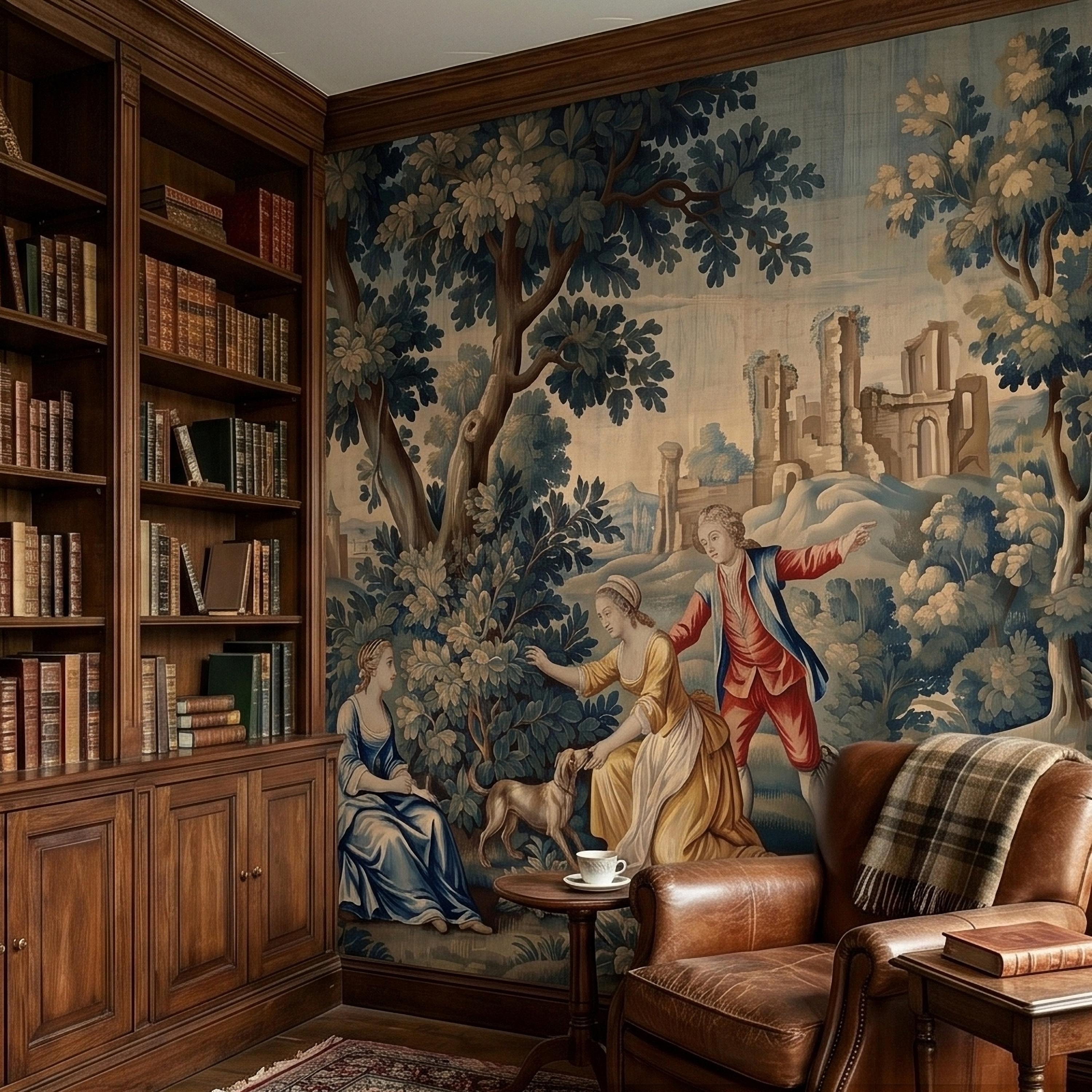 Pastoral Toile de Jouy Peel and Stick Wall Mural, Vintage French Country Blue Verdure Scenic with Castle Ruins, Lovers and Dog Wallpaper