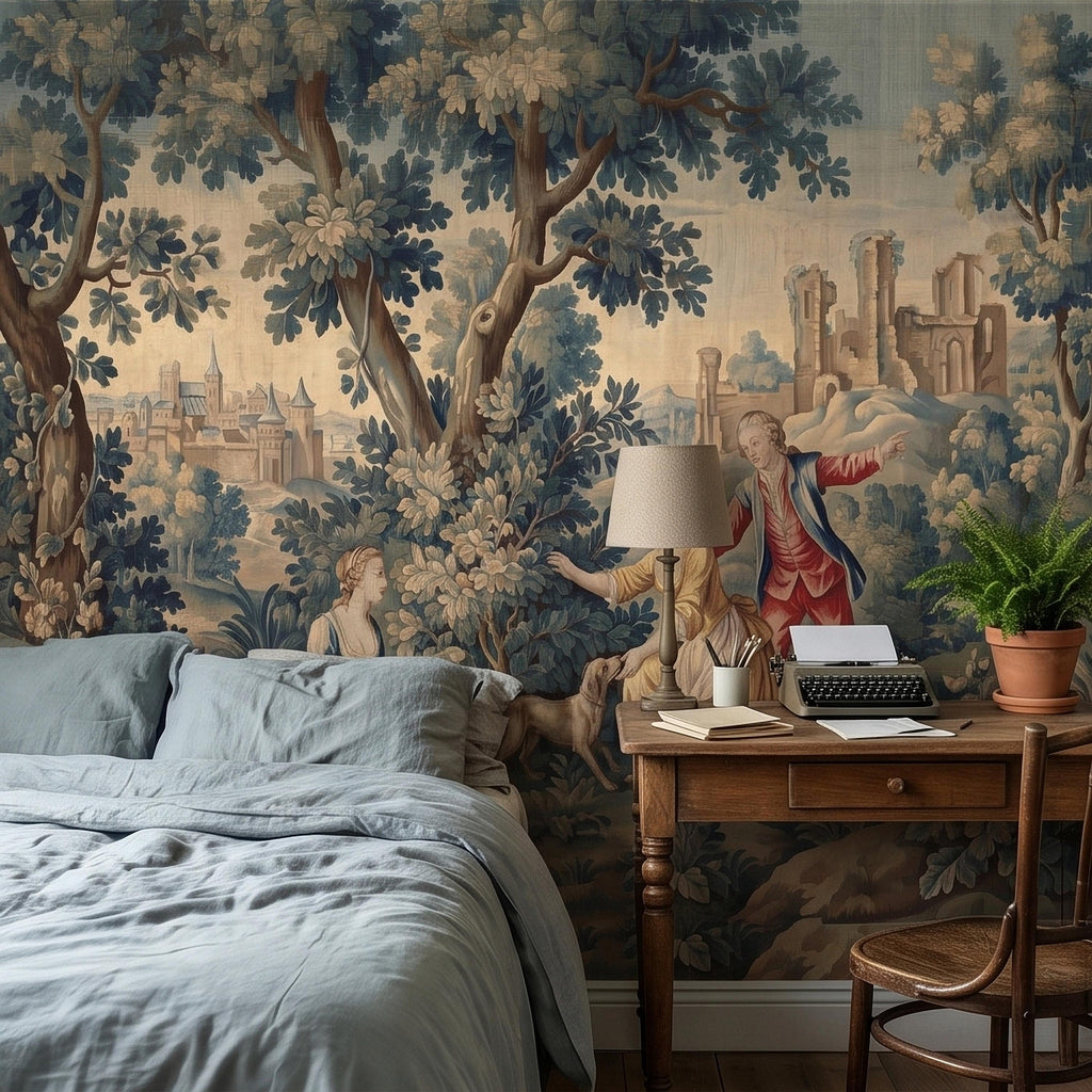 Pastoral Toile de Jouy Peel and Stick Wall Mural, Vintage French Country Blue Verdure Scenic with Castle Ruins, Lovers and Dog Wallpaper