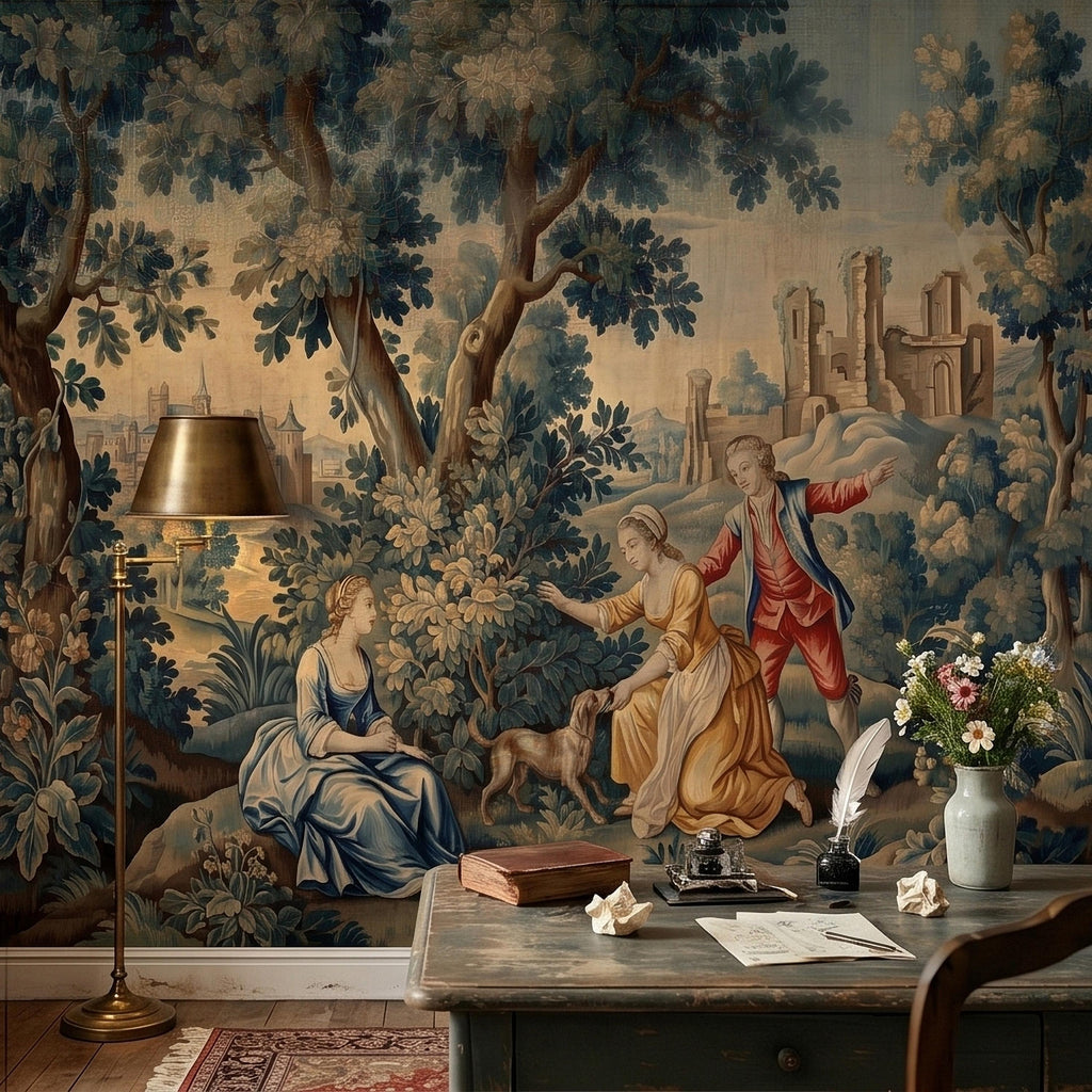 Pastoral Toile de Jouy Peel and Stick Wall Mural, Vintage French Country Blue Verdure Scenic with Castle Ruins, Lovers and Dog Wallpaper
