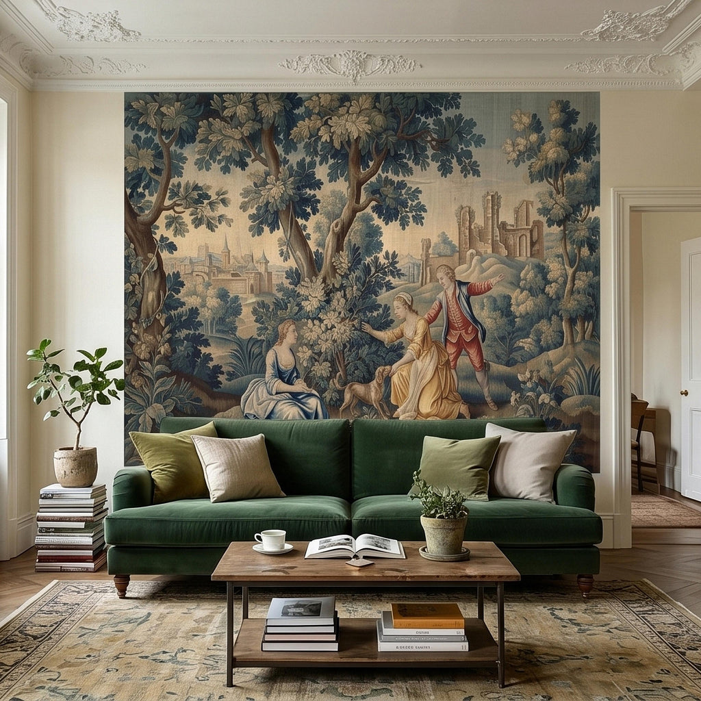 Pastoral Toile de Jouy Peel and Stick Wall Mural, Vintage French Country Blue Verdure Scenic with Castle Ruins, Lovers and Dog Wallpaper