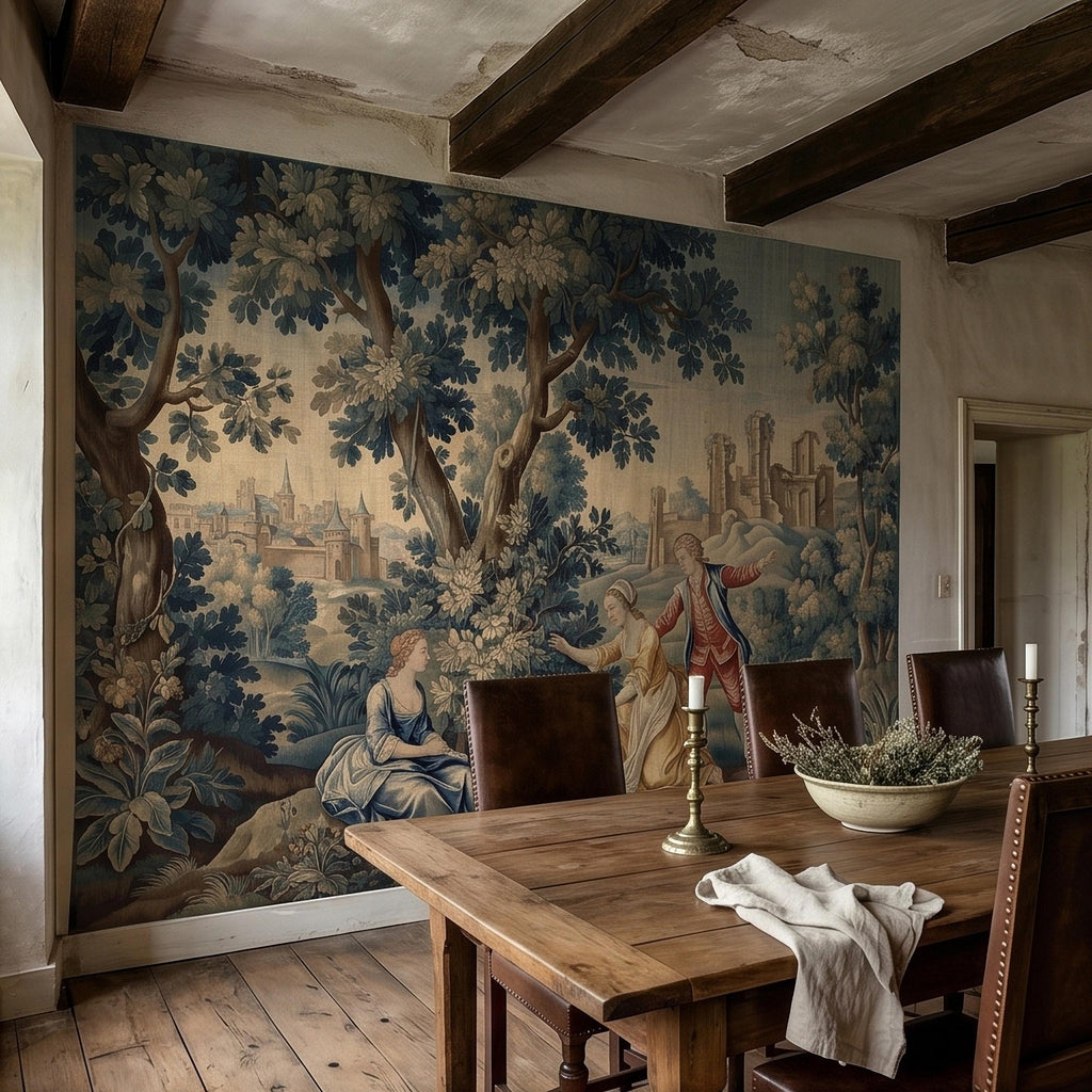 Pastoral Toile de Jouy Peel and Stick Wall Mural, Vintage French Country Blue Verdure Scenic with Castle Ruins, Lovers and Dog Wallpaper