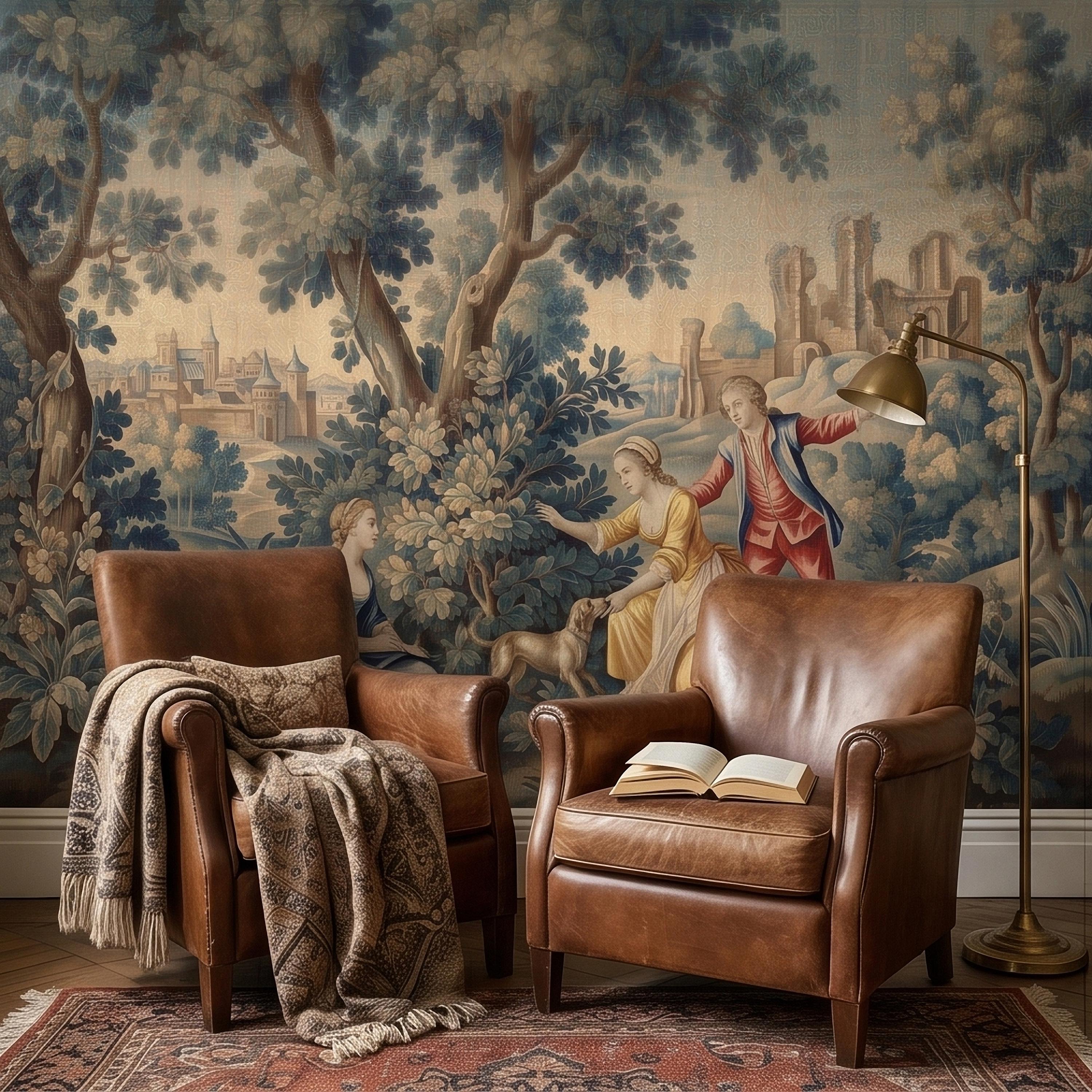 Pastoral Toile de Jouy Peel and Stick Wall Mural, Vintage French Country Blue Verdure Scenic with Castle Ruins, Lovers and Dog Wallpaper