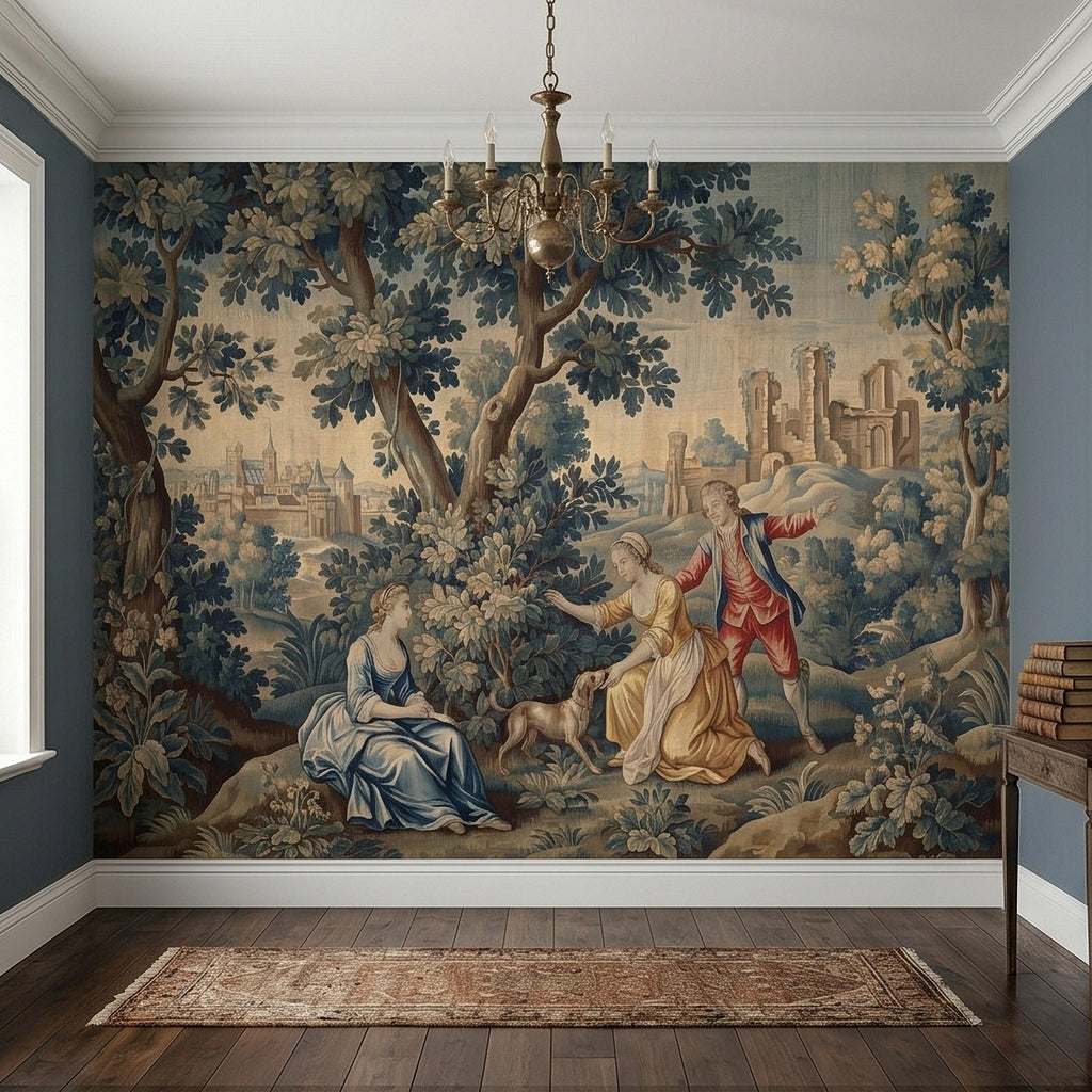 Pastoral Toile de Jouy Peel and Stick Wall Mural, Vintage French Country Blue Verdure Scenic with Castle Ruins, Lovers and Dog Wallpaper