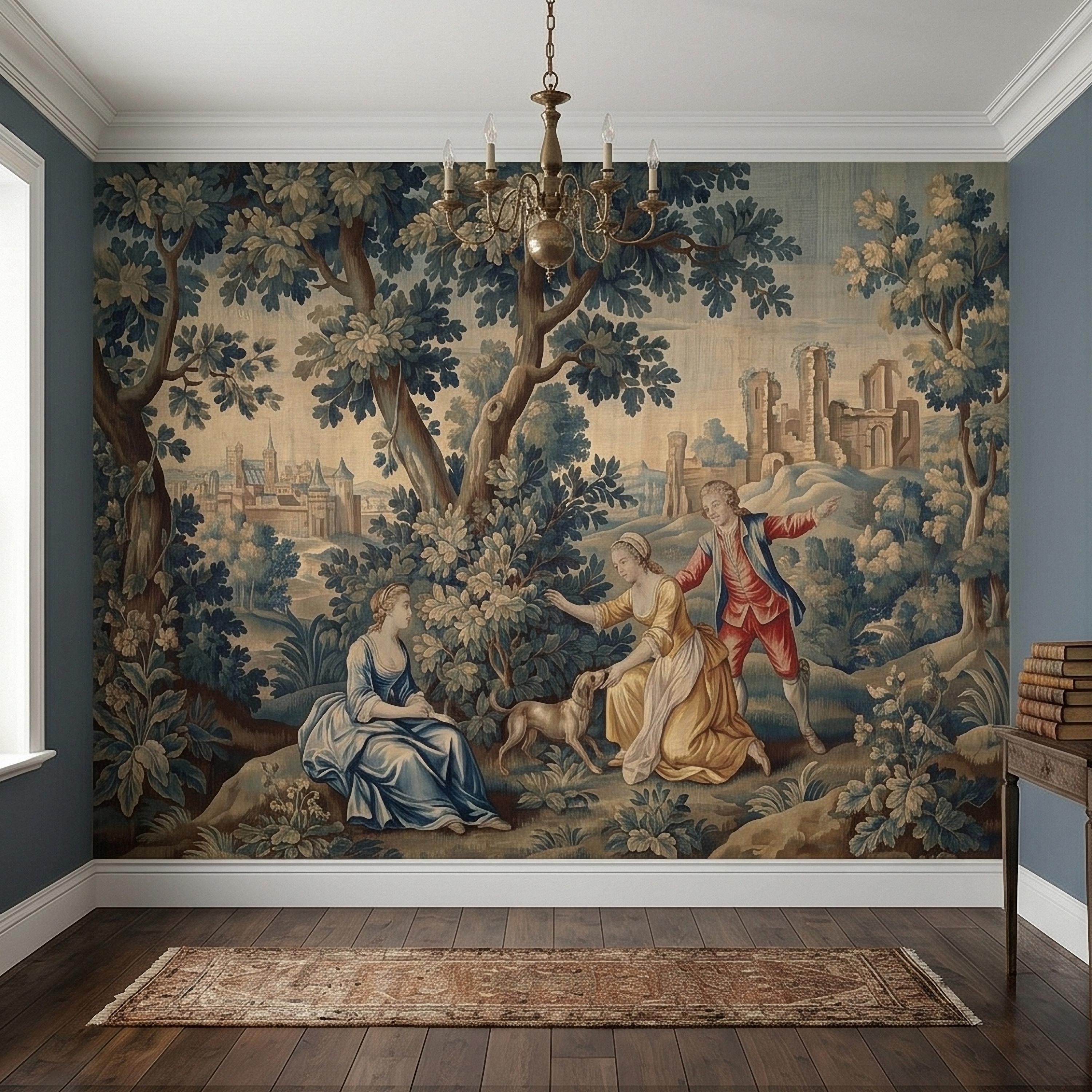 Pastoral Toile de Jouy Peel and Stick Wall Mural, Vintage French Country Blue Verdure Scenic with Castle Ruins, Lovers and Dog Wallpaper