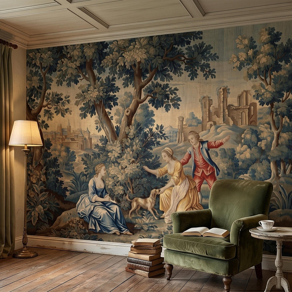 Pastoral Toile de Jouy Peel and Stick Wall Mural, Vintage French Country Blue Verdure Scenic with Castle Ruins, Lovers and Dog Wallpaper