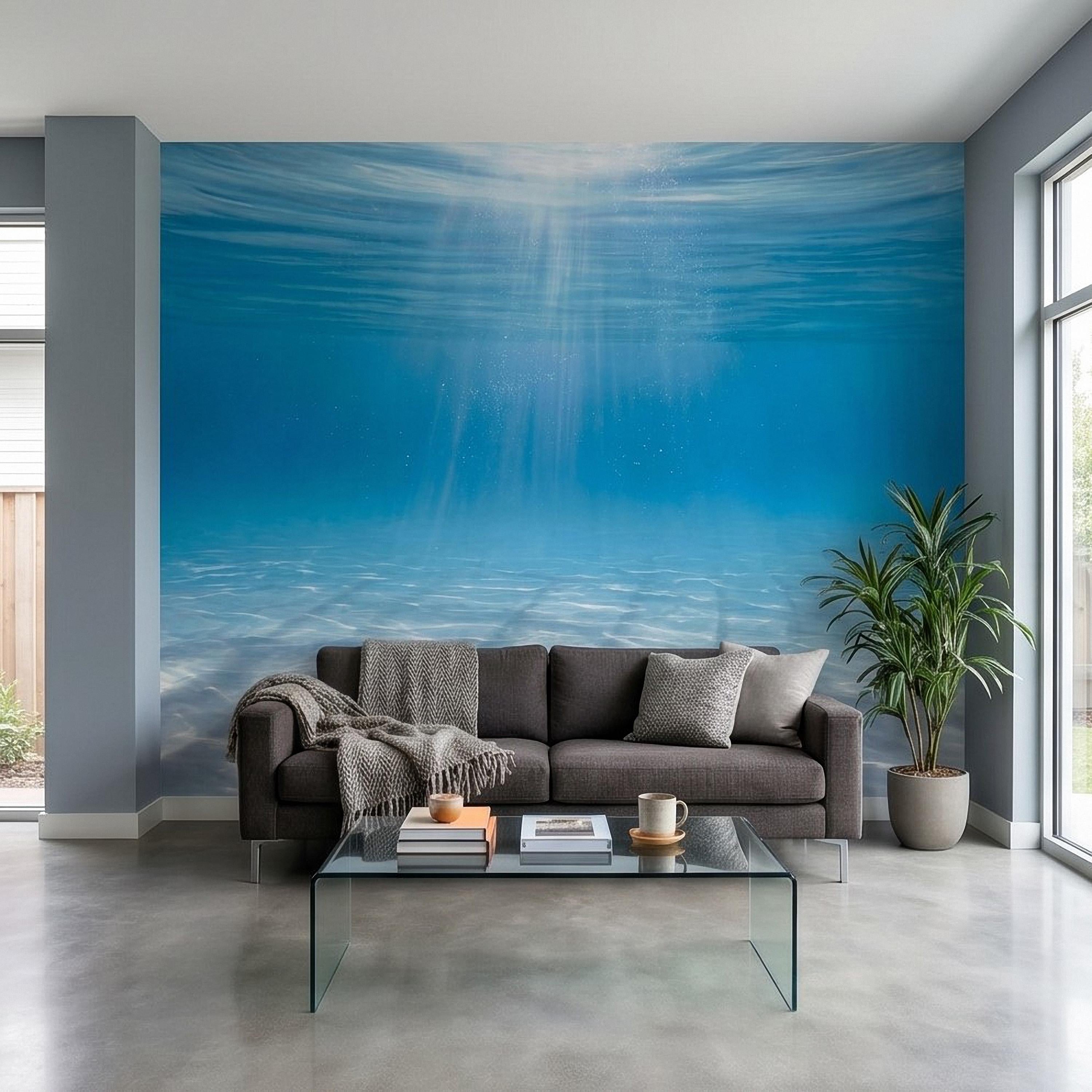 Underwater Ocean Sun Rays Peel and Stick Wall Mural, Aqua Blue Shimmering Water Light Beams, Tropical Pool Seascape Wallpaper