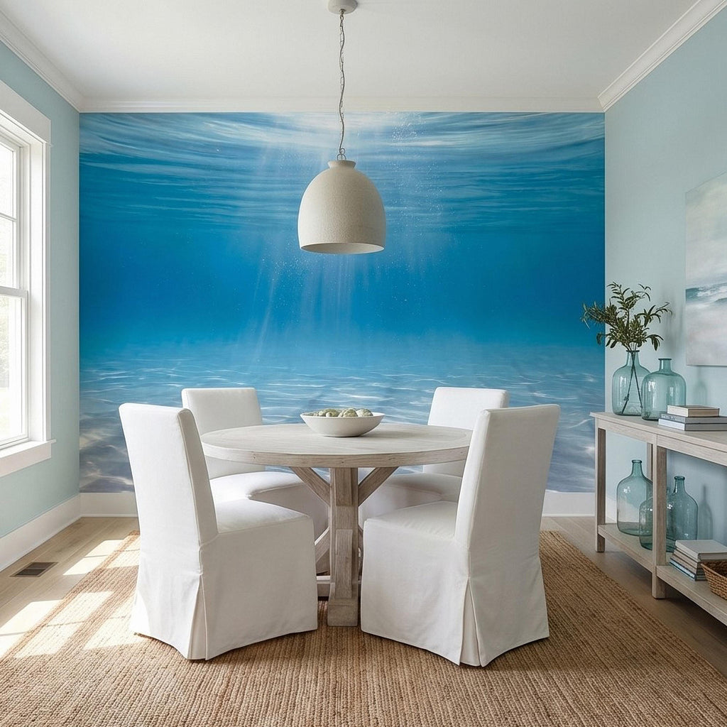 Underwater Ocean Sun Rays Peel and Stick Wall Mural, Aqua Blue Shimmering Water Light Beams, Tropical Pool Seascape Wallpaper