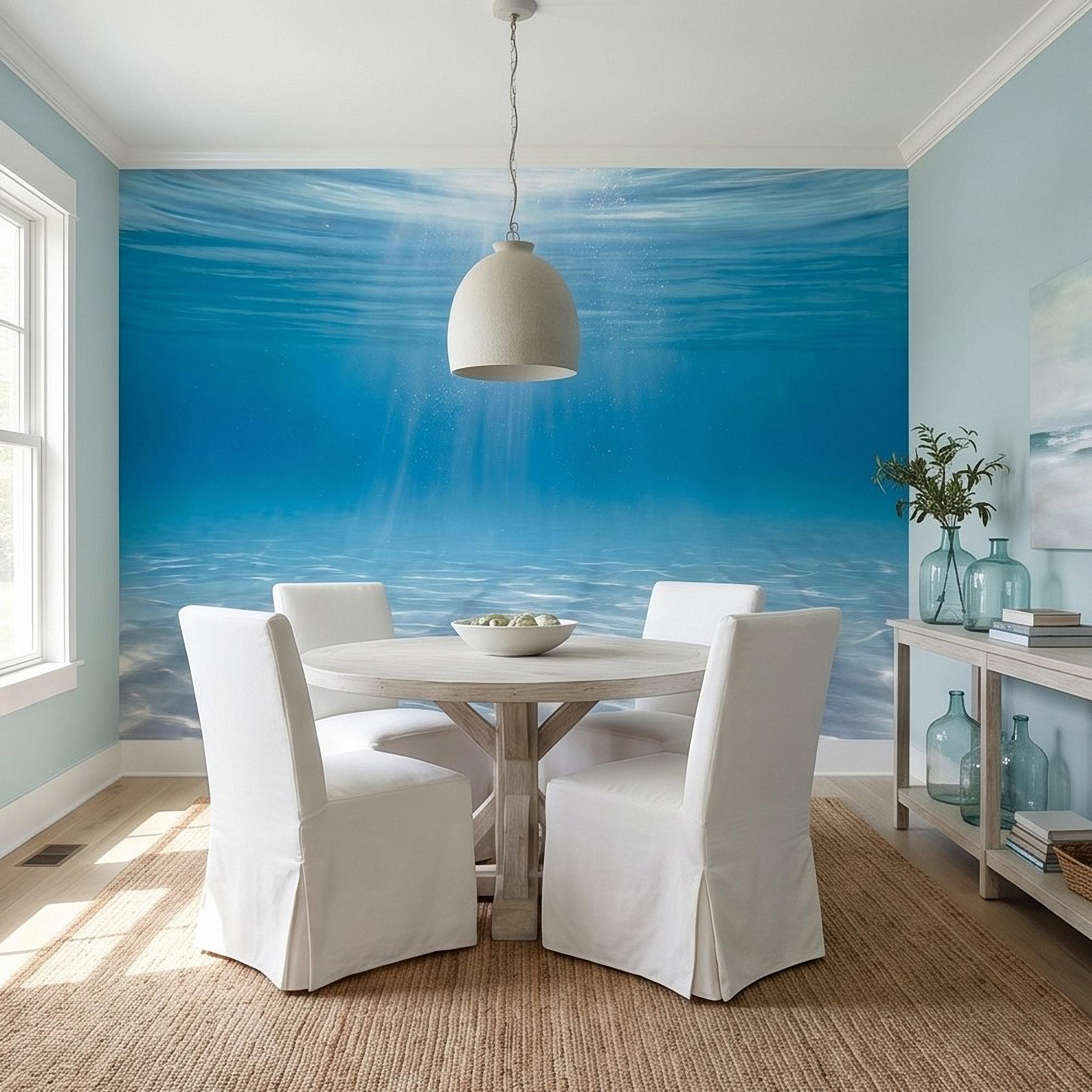 Underwater Ocean Sun Rays Peel and Stick Wall Mural, Aqua Blue Shimmering Water Light Beams, Tropical Pool Seascape Wallpaper