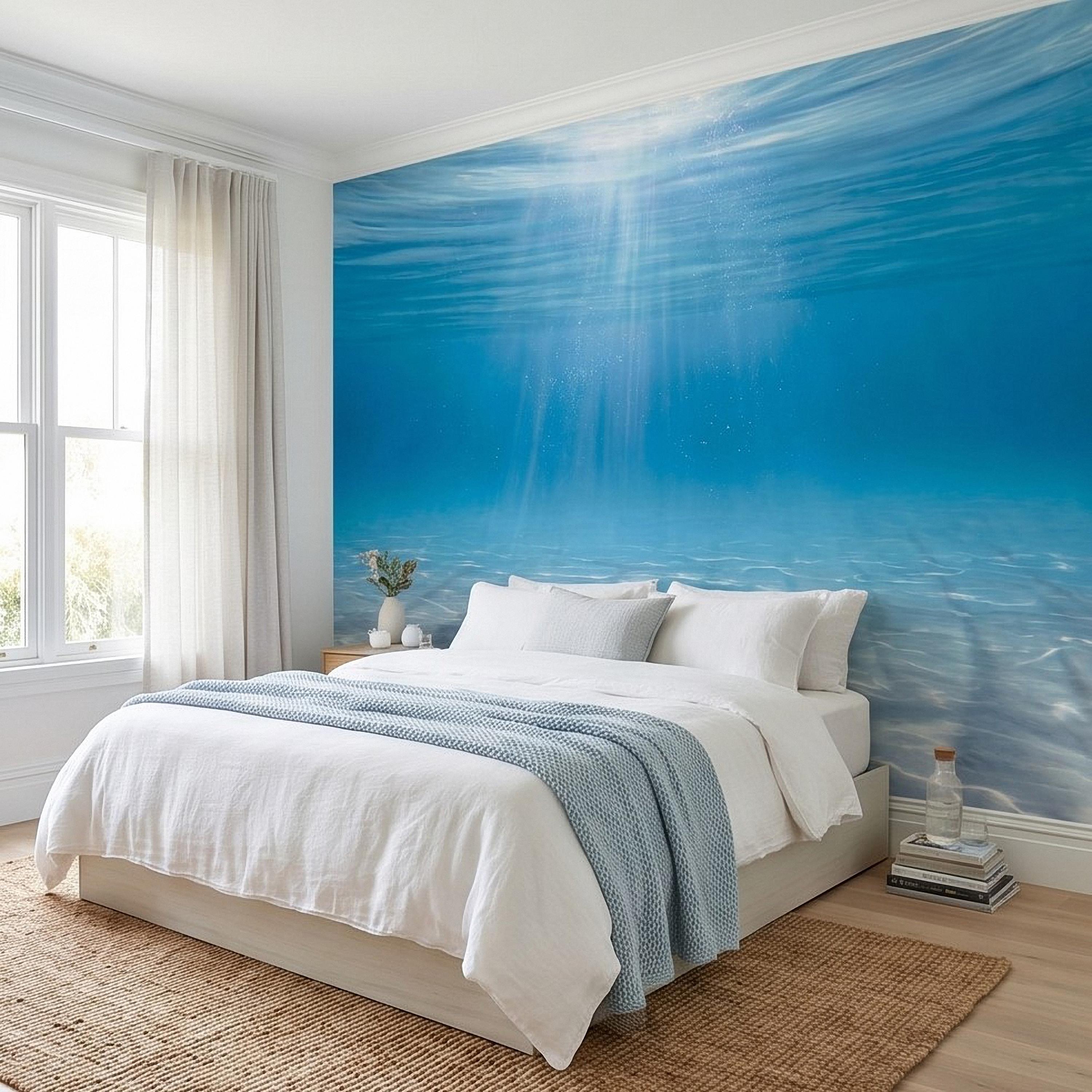 Underwater Ocean Sun Rays Peel and Stick Wall Mural, Aqua Blue Shimmering Water Light Beams, Tropical Pool Seascape Wallpaper
