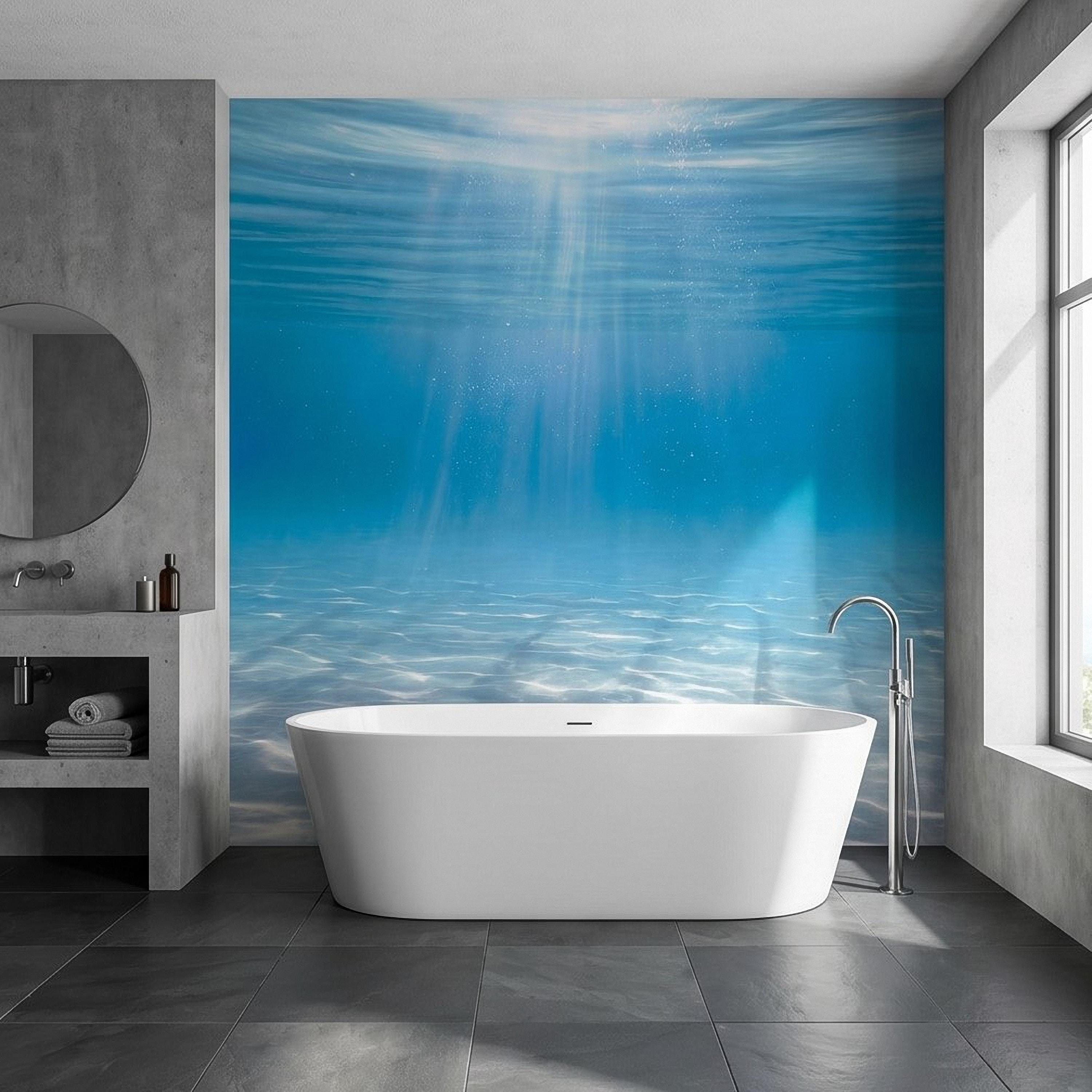 Underwater Ocean Sun Rays Peel and Stick Wall Mural, Aqua Blue Shimmering Water Light Beams, Tropical Pool Seascape Wallpaper