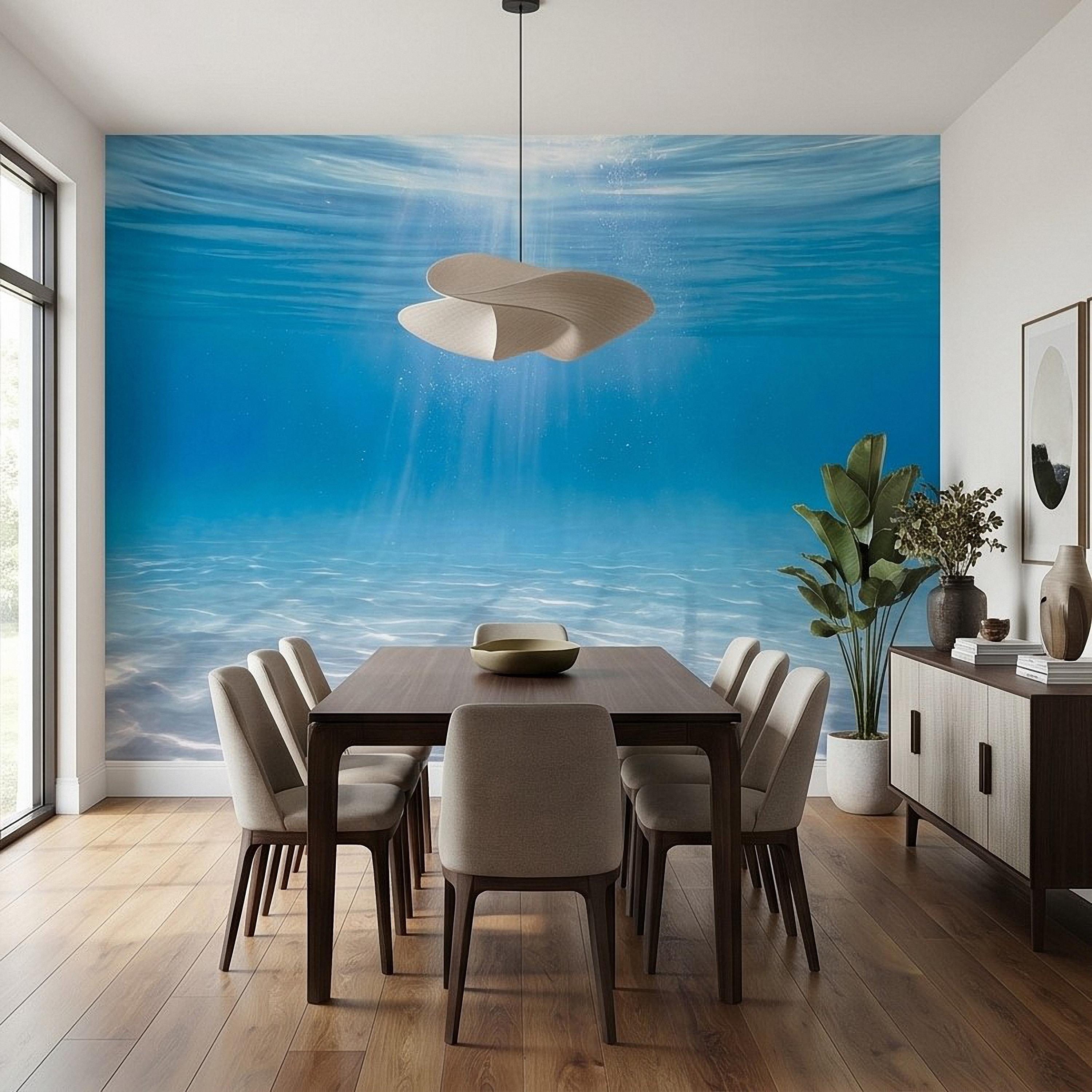 Underwater Ocean Sun Rays Peel and Stick Wall Mural, Aqua Blue Shimmering Water Light Beams, Tropical Pool Seascape Wallpaper