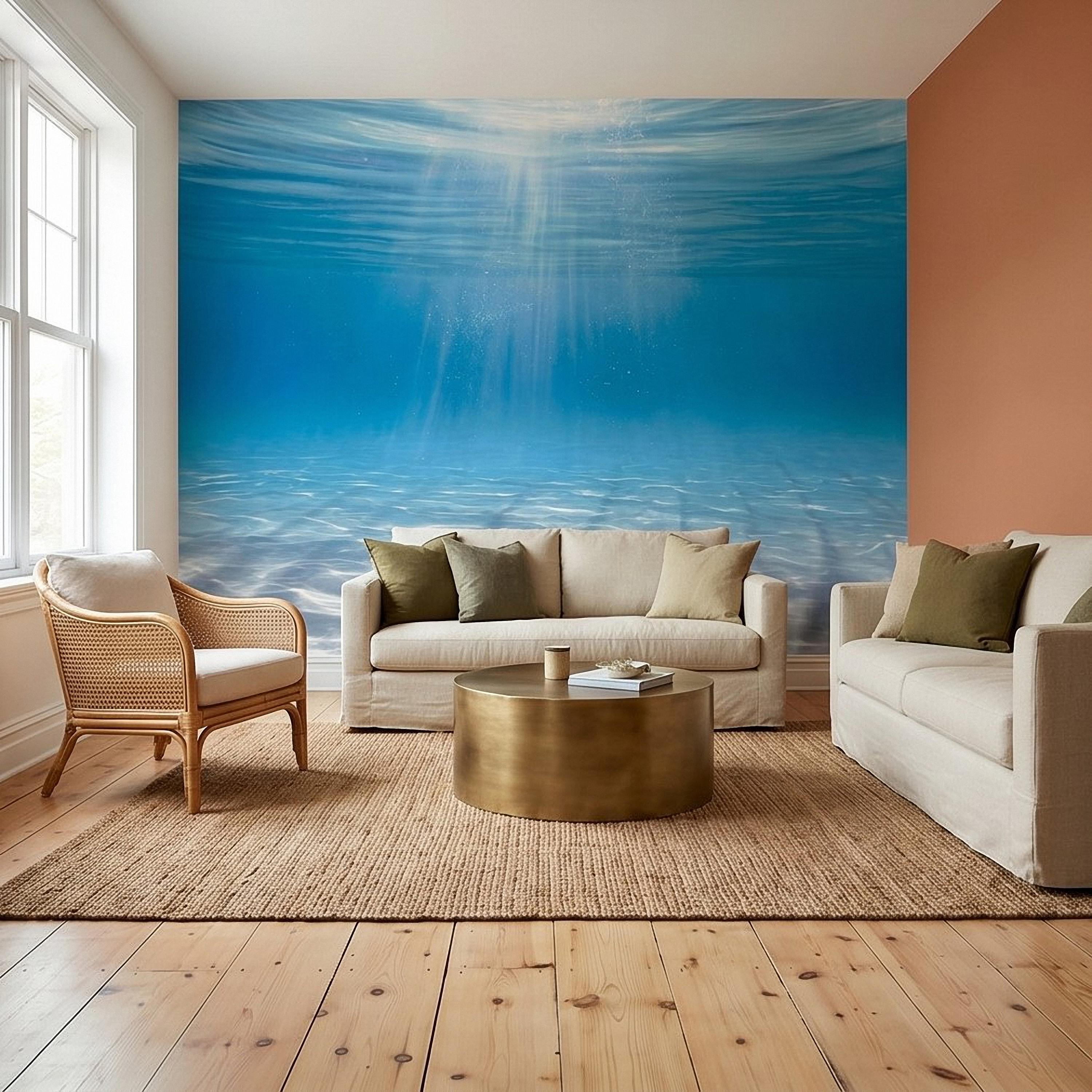 Underwater Ocean Sun Rays Peel and Stick Wall Mural, Aqua Blue Shimmering Water Light Beams, Tropical Pool Seascape Wallpaper