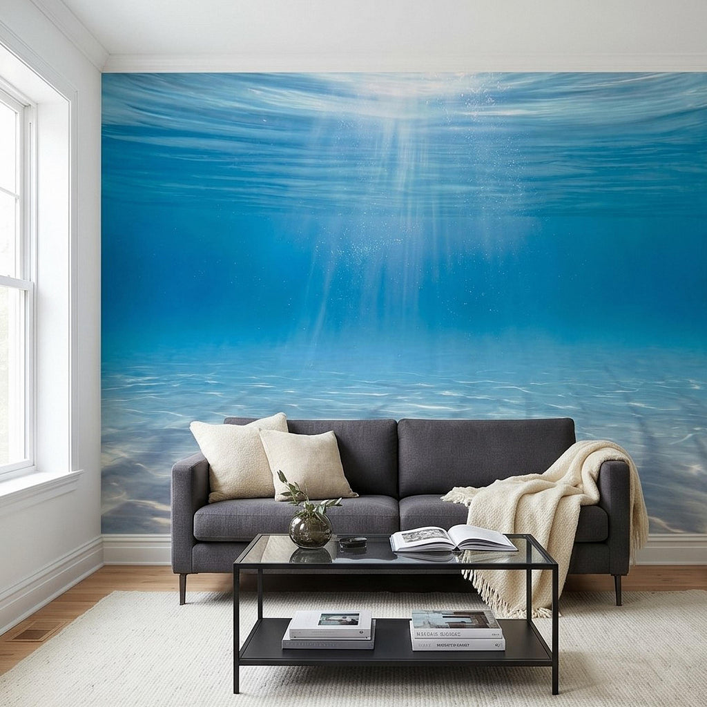 Underwater Ocean Sun Rays Peel and Stick Wall Mural, Aqua Blue Shimmering Water Light Beams, Tropical Pool Seascape Wallpaper