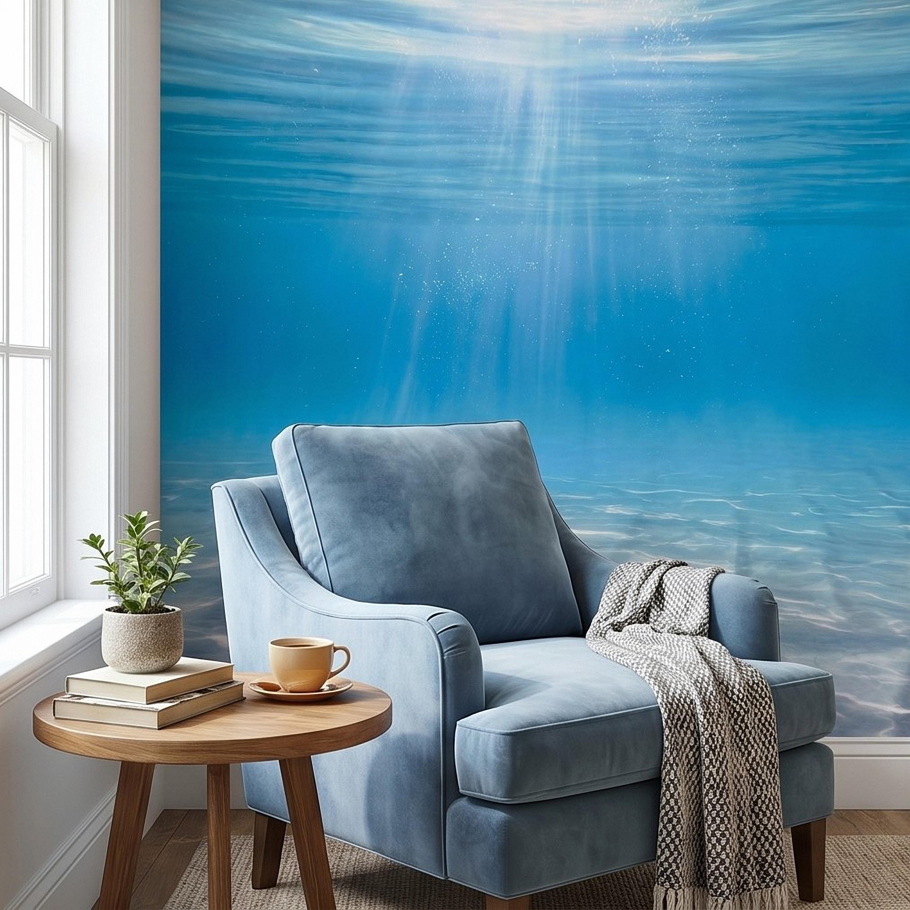 Underwater Ocean Sun Rays Peel and Stick Wall Mural, Aqua Blue Shimmering Water Light Beams, Tropical Pool Seascape Wallpaper