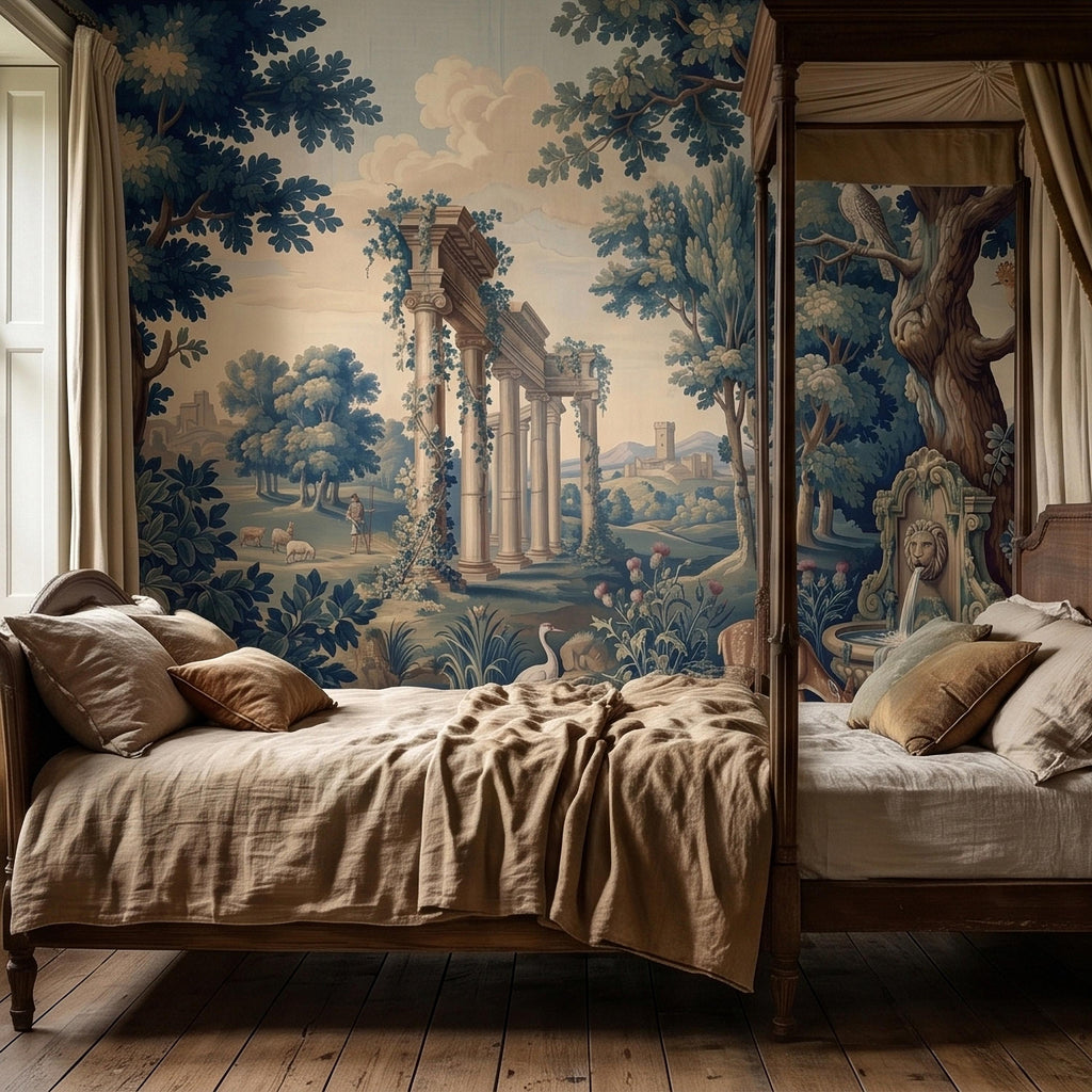 Blue Verdure Garden Peel and Stick Wall Mural, Toile de Jouy French Scenic with Roman Columns, Peacock Deer and Fountain, Vintage Wallpaper