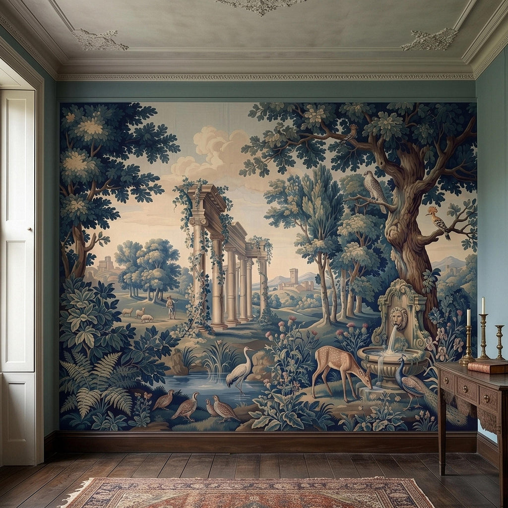 Blue Verdure Garden Peel and Stick Wall Mural, Toile de Jouy French Scenic with Roman Columns, Peacock Deer and Fountain, Vintage Wallpaper