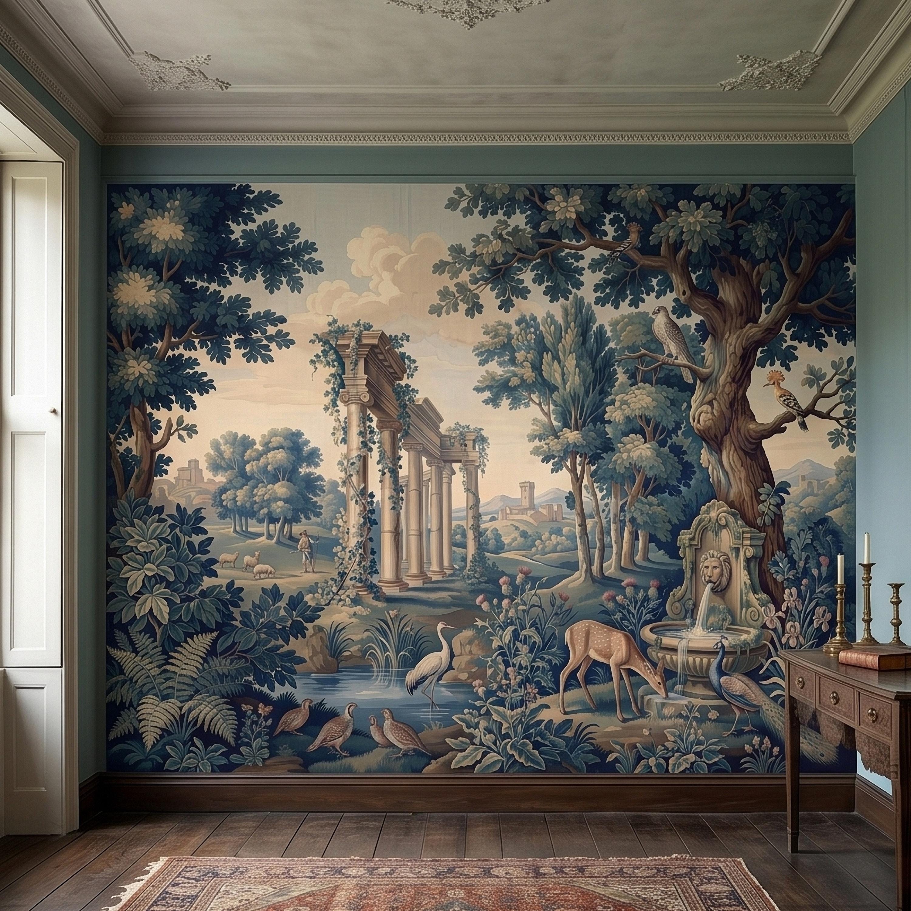 Blue Verdure Garden Peel and Stick Wall Mural, Toile de Jouy French Scenic with Roman Columns, Peacock Deer and Fountain, Vintage Wallpaper