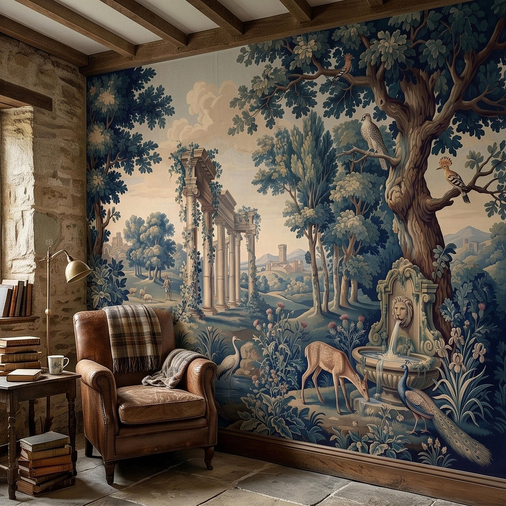 Blue Verdure Garden Peel and Stick Wall Mural, Toile de Jouy French Scenic with Roman Columns, Peacock Deer and Fountain, Vintage Wallpaper