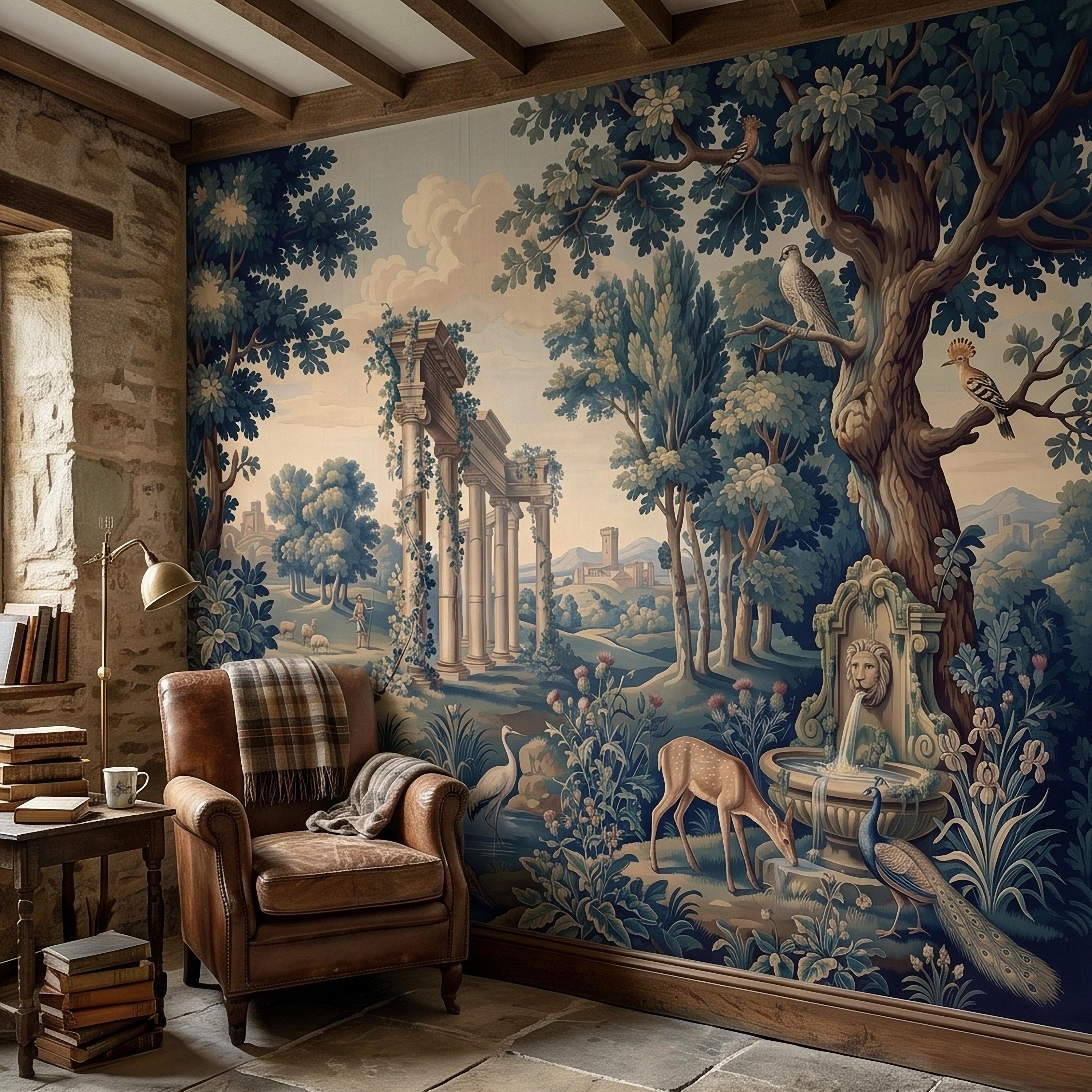 Blue Verdure Garden Peel and Stick Wall Mural, Toile de Jouy French Scenic with Roman Columns, Peacock Deer and Fountain, Vintage Wallpaper