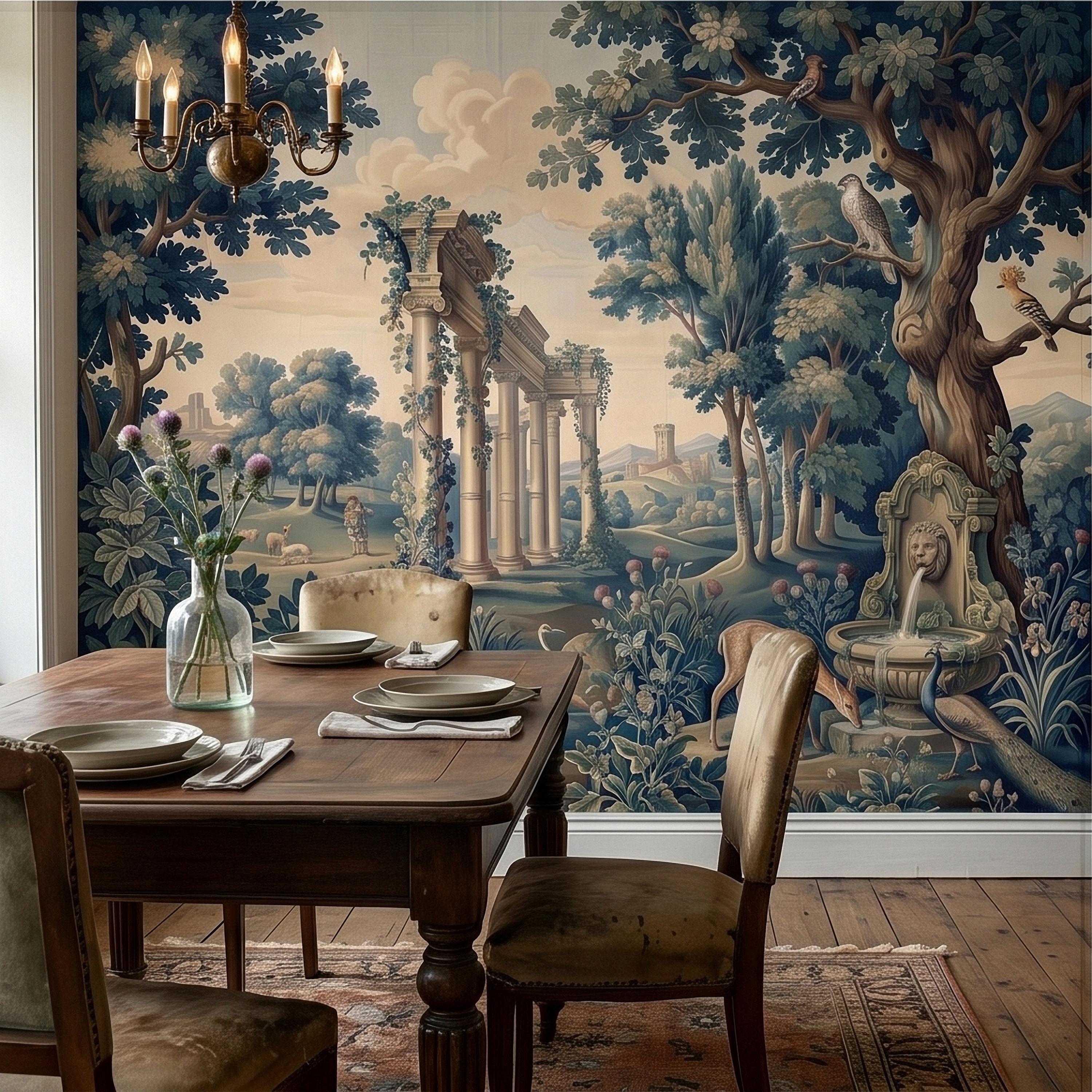 Blue Verdure Garden Peel and Stick Wall Mural, Toile de Jouy French Scenic with Roman Columns, Peacock Deer and Fountain, Vintage Wallpaper