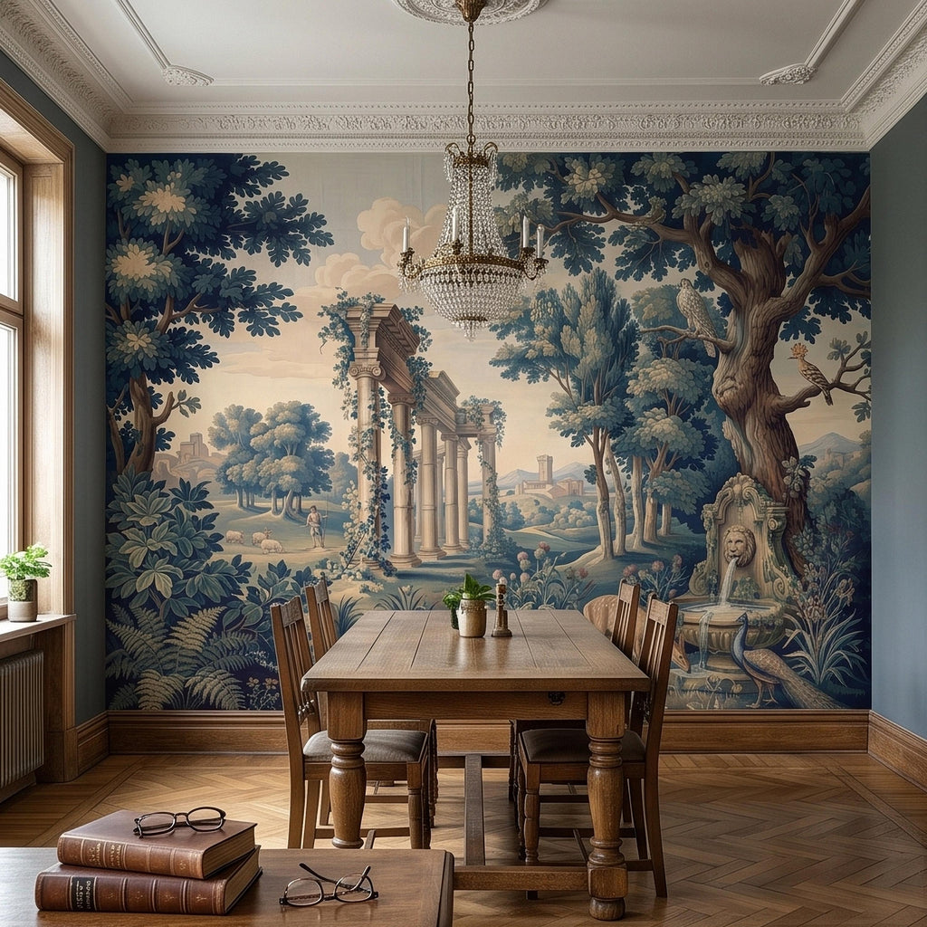 Blue Verdure Garden Peel and Stick Wall Mural, Toile de Jouy French Scenic with Roman Columns, Peacock Deer and Fountain, Vintage Wallpaper