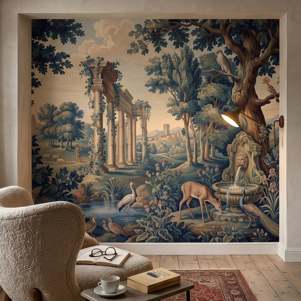 Blue Verdure Garden Peel and Stick Wall Mural, Toile de Jouy French Scenic with Roman Columns, Peacock Deer and Fountain, Vintage Wallpaper
