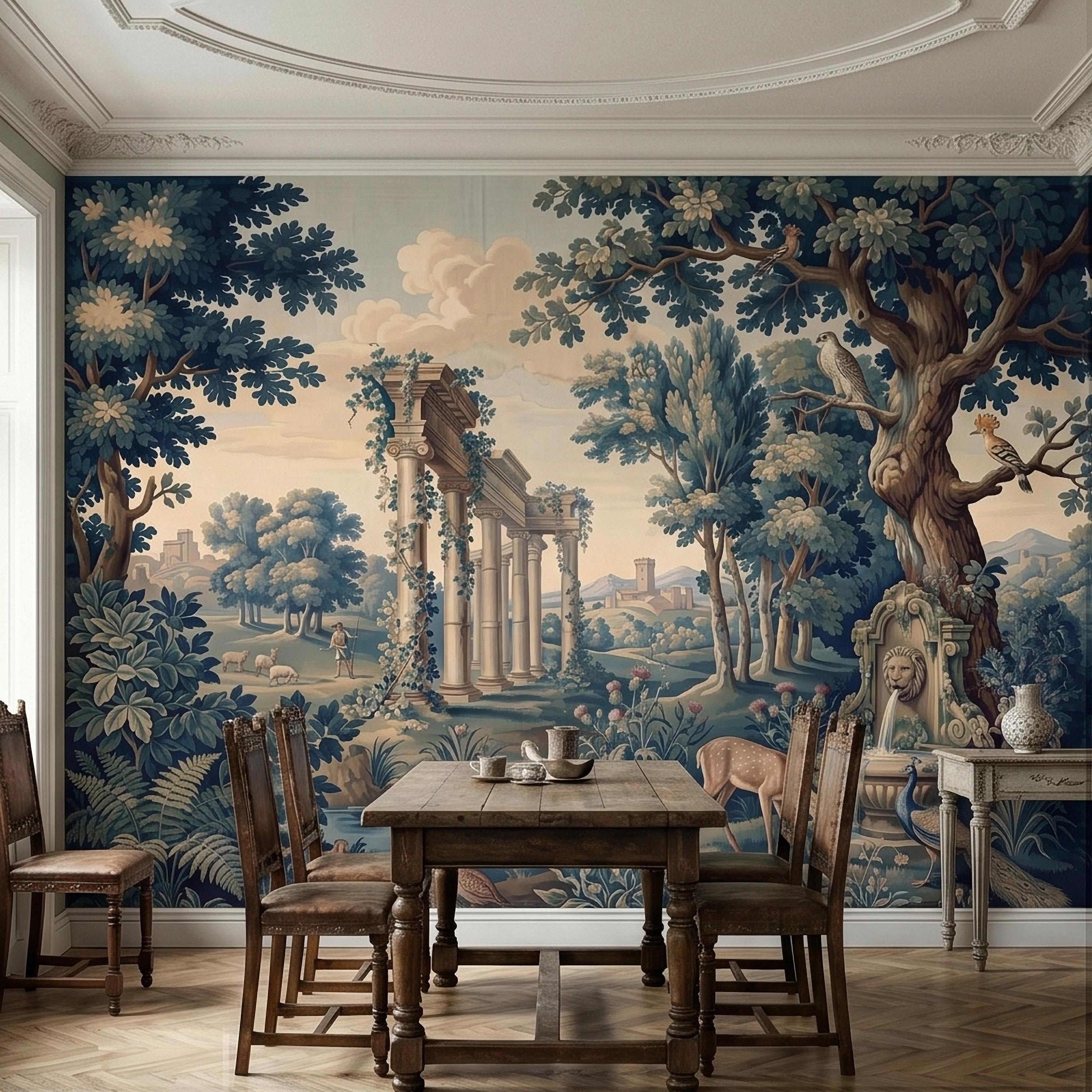 Blue Verdure Garden Peel and Stick Wall Mural, Toile de Jouy French Scenic with Roman Columns, Peacock Deer and Fountain, Vintage Wallpaper