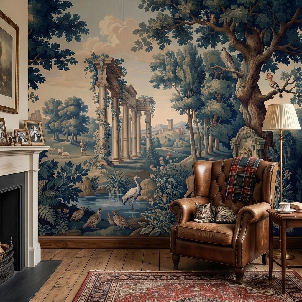 Blue Verdure Garden Peel and Stick Wall Mural, Toile de Jouy French Scenic with Roman Columns, Peacock Deer and Fountain, Vintage Wallpaper