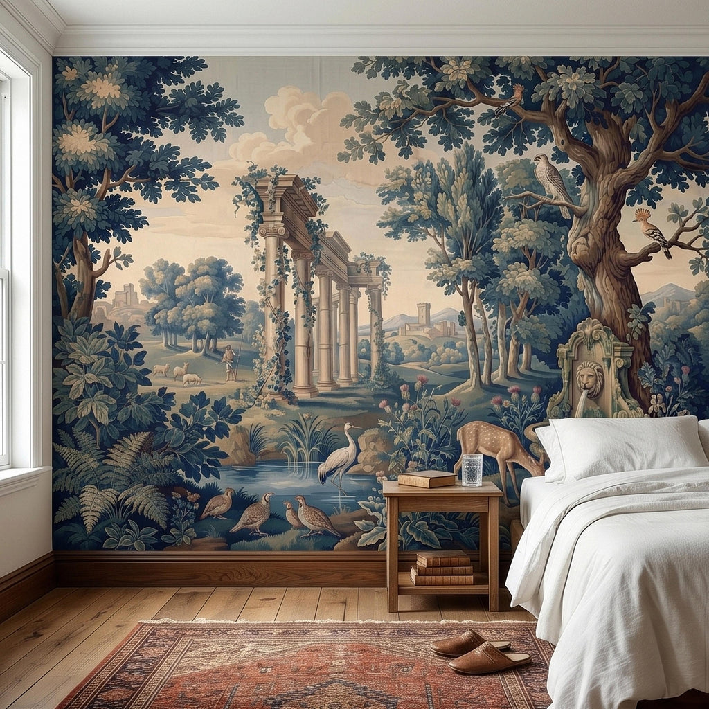 Blue Verdure Garden Peel and Stick Wall Mural, Toile de Jouy French Scenic with Roman Columns, Peacock Deer and Fountain, Vintage Wallpaper