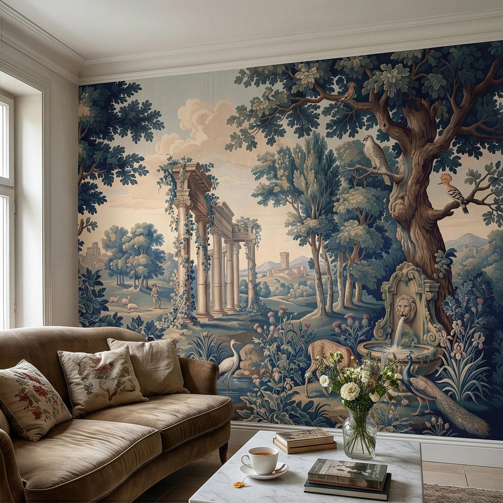 Blue Verdure Garden Peel and Stick Wall Mural, Toile de Jouy French Scenic with Roman Columns, Peacock Deer and Fountain, Vintage Wallpaper