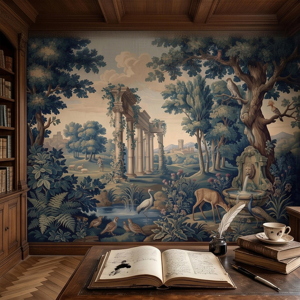 Blue Verdure Garden Peel and Stick Wall Mural, Toile de Jouy French Scenic with Roman Columns, Peacock Deer and Fountain, Vintage Wallpaper