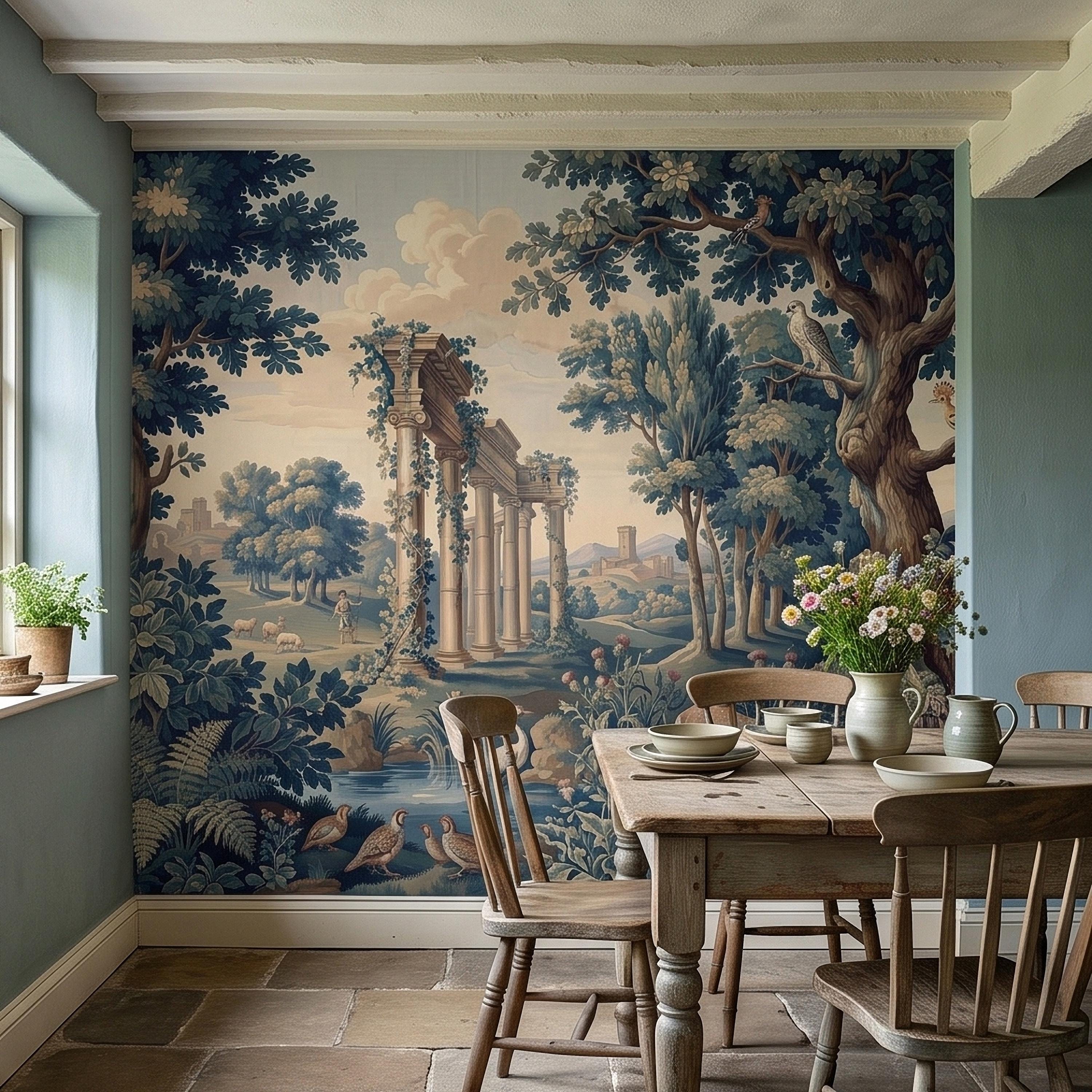 Blue Verdure Garden Peel and Stick Wall Mural, Toile de Jouy French Scenic with Roman Columns, Peacock Deer and Fountain, Vintage Wallpaper