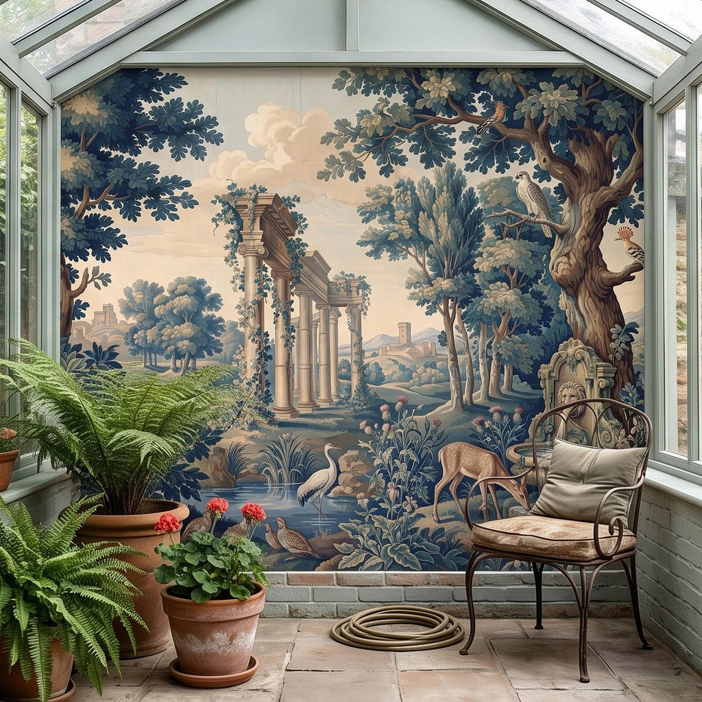 Blue Verdure Garden Peel and Stick Wall Mural, Toile de Jouy French Scenic with Roman Columns, Peacock Deer and Fountain, Vintage Wallpaper