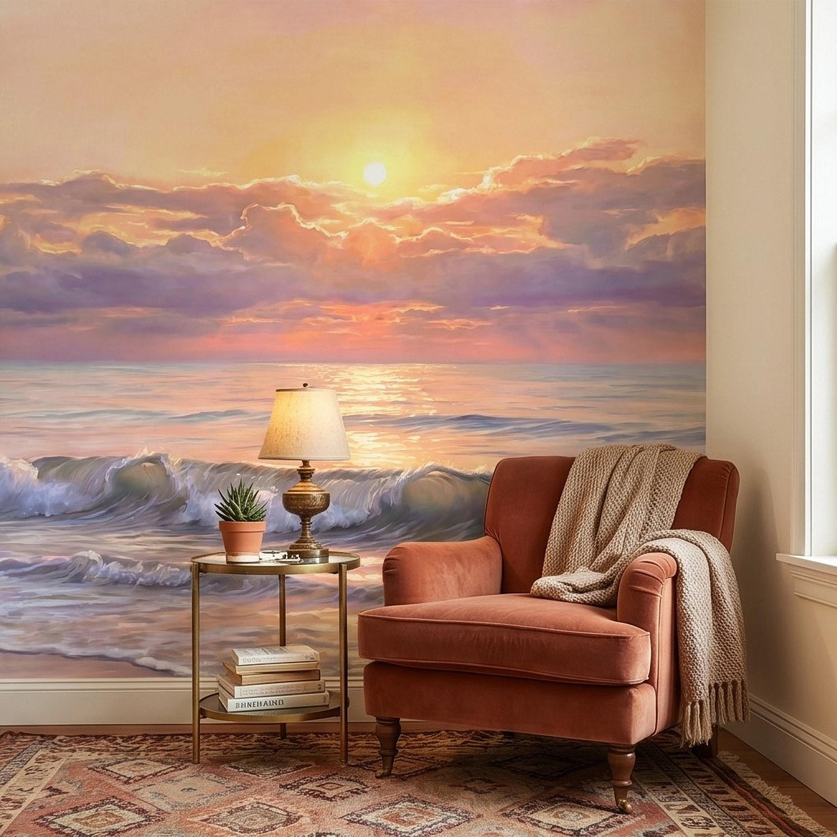 Pastel Ocean Sunrise Pink Sky Peel and Stick Wall Mural, Beach Waves Seascape Watercolor Golden Sun Over Water Coastal Cottagecore Wallpaper - The Fine Art Murals