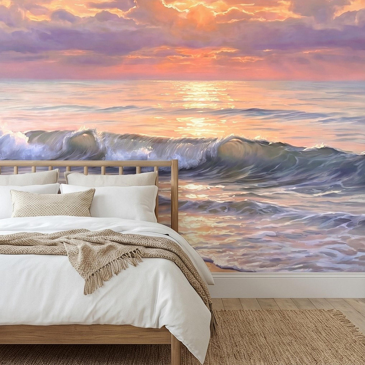 Pastel Ocean Sunrise Pink Sky Peel and Stick Wall Mural, Beach Waves Seascape Watercolor Golden Sun Over Water Coastal Cottagecore Wallpaper - The Fine Art Murals