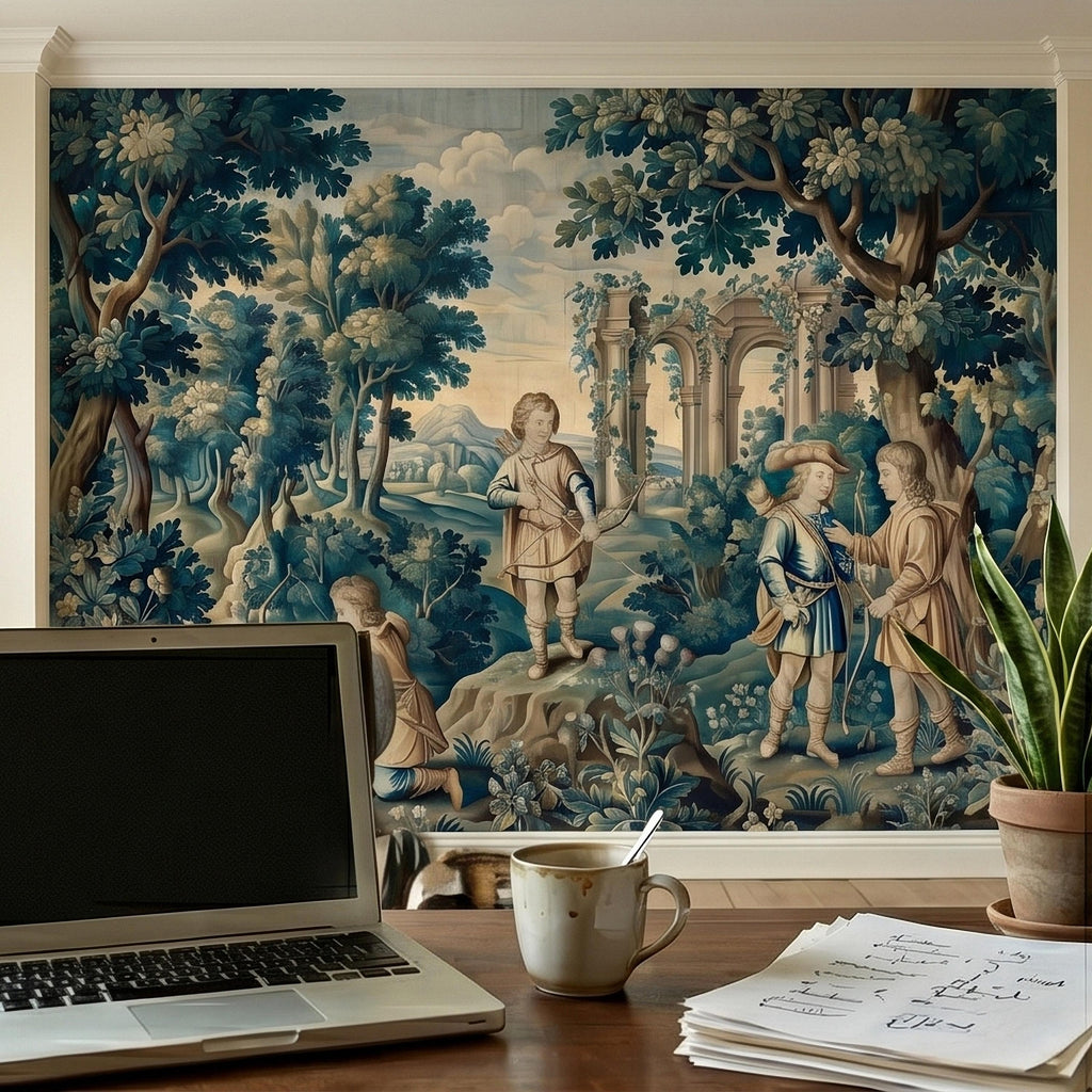 Blue Verdure Hunting Scene Peel and Stick Wall Mural, Vintage Toile de Jouy Archers in Woodland with Ruins, French Scenic Wallpaper