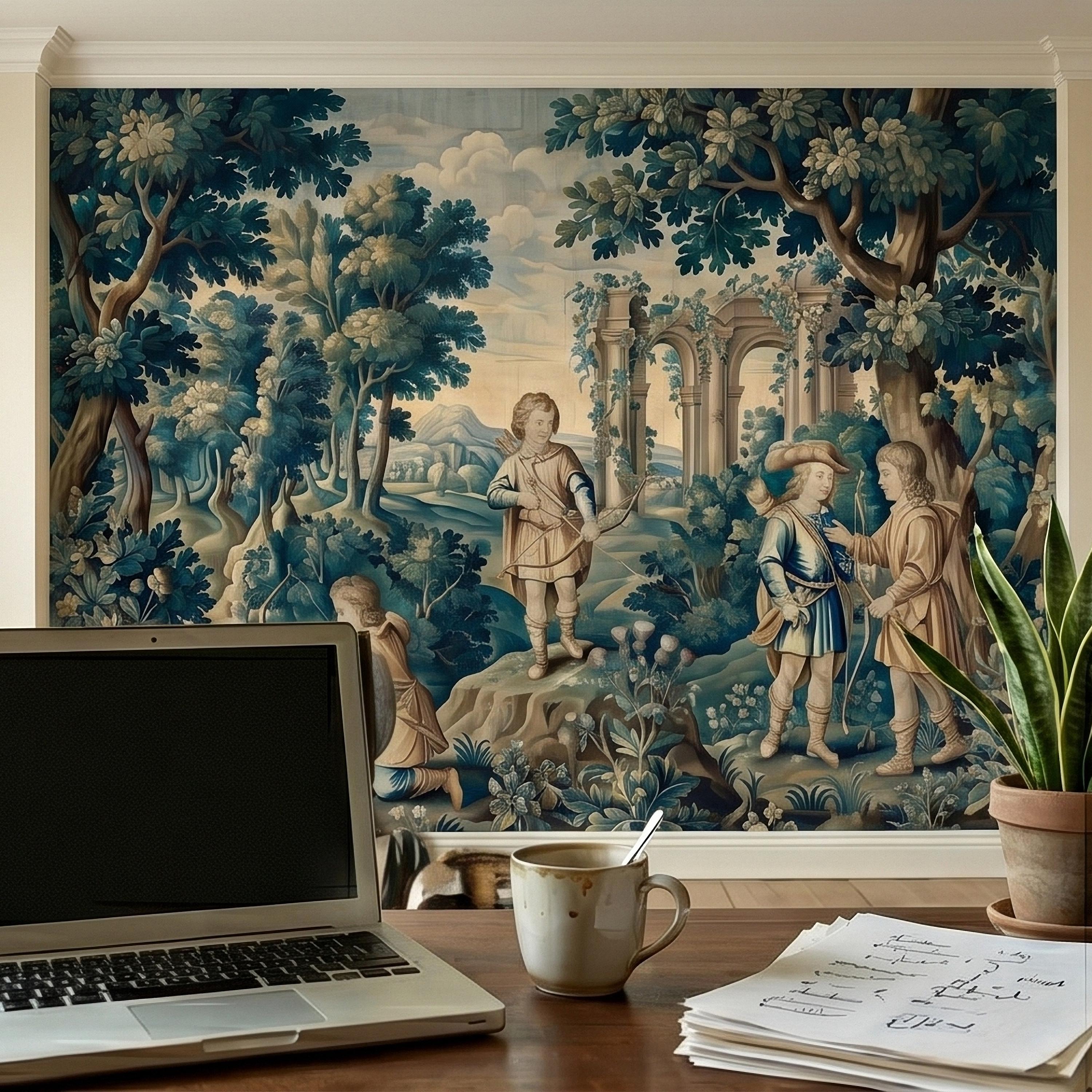 Blue Verdure Hunting Scene Peel and Stick Wall Mural, Vintage Toile de Jouy Archers in Woodland with Ruins, French Scenic Wallpaper